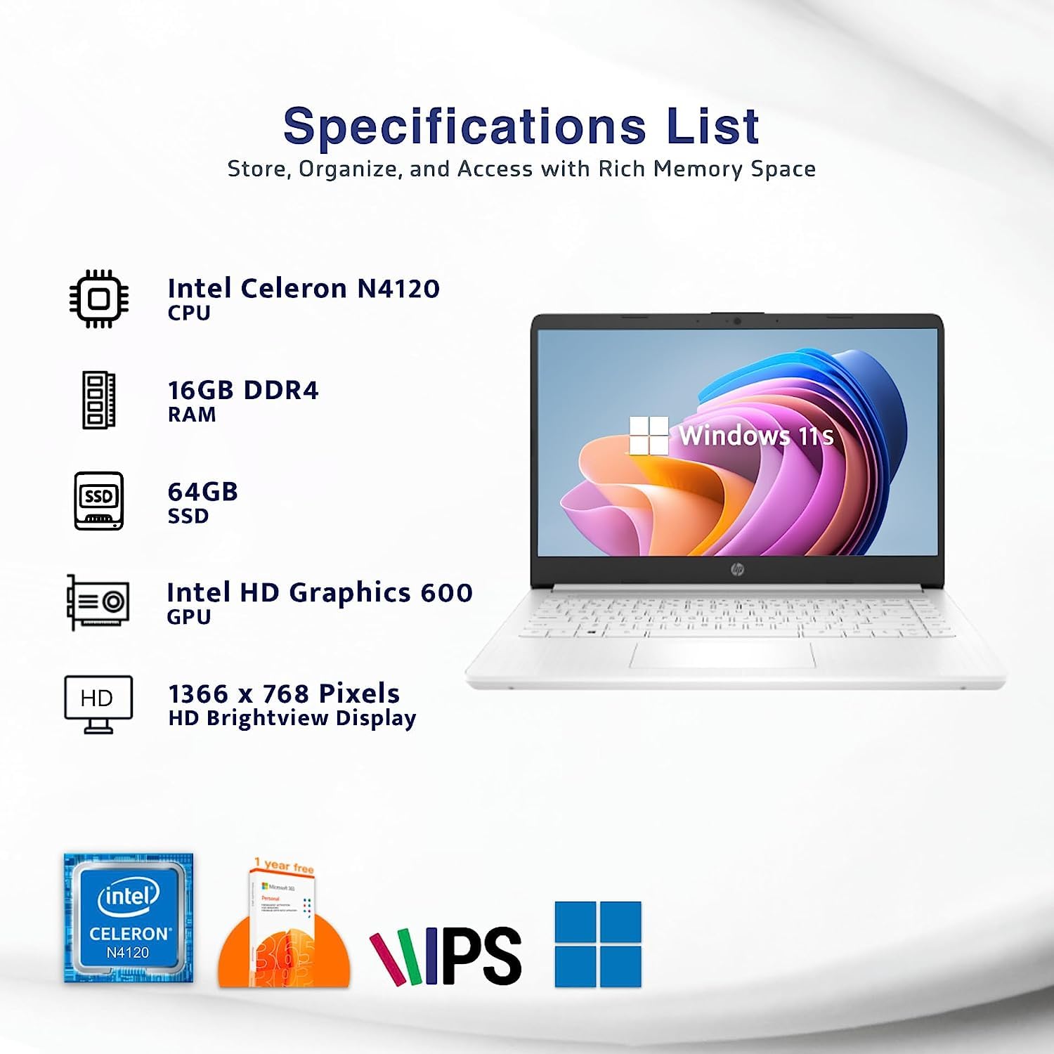 Hp Stream 14'' Hd Thin And Light Laptop, Intel Celeron N4120, 16Gb Ram, 64Gb Emmc Storage, Long Battery Life, Hd Webcam, Hdmi, W
