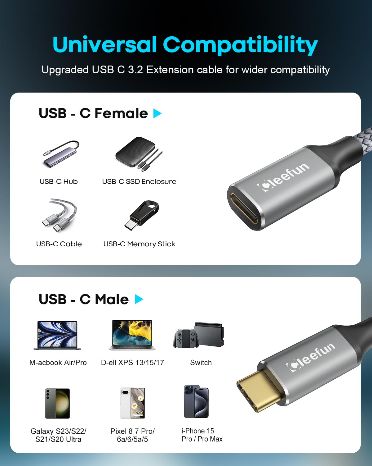 Cleefun Short Usb C Extension Cable (1Ft, 2 Pack), Usb C 3.2 Male To Usb C Female Cable, 10Gbps Data & 4K Video Sync Transfer Usb C Extender Cable 100W Fast Charging For Usb C Hub Laptop Tablet Phone