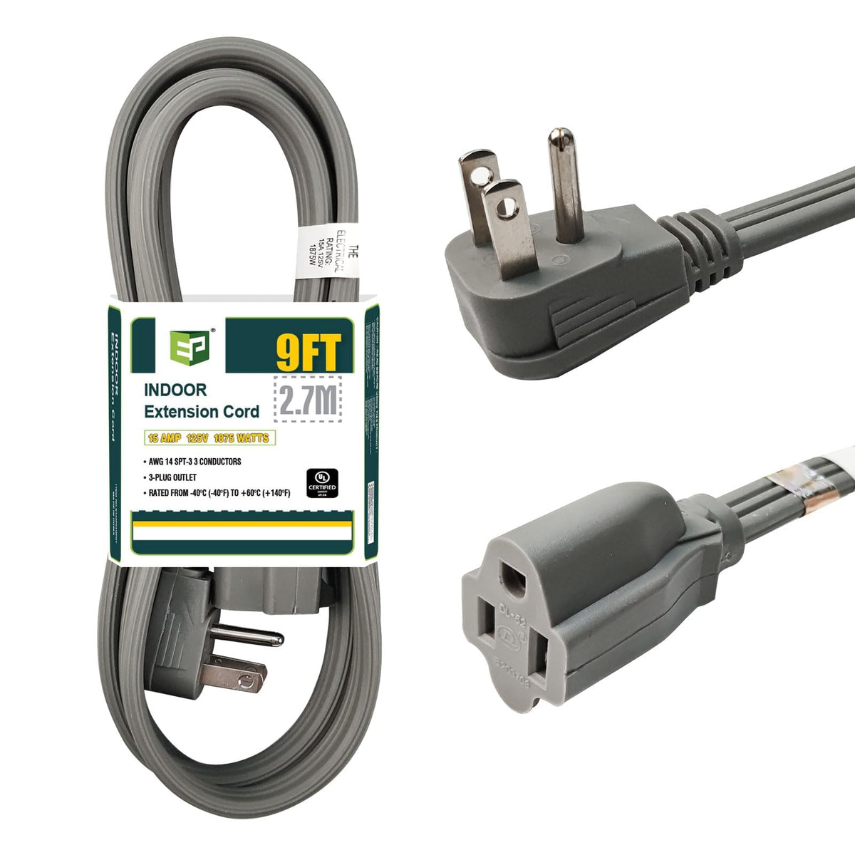 Ep 9 Ft Heavy Duty Appliance Extension Cord   14 Gauge 3 Prong Grounded Cable Wire, Ideal For Air Conditioners, Refrigerators, M