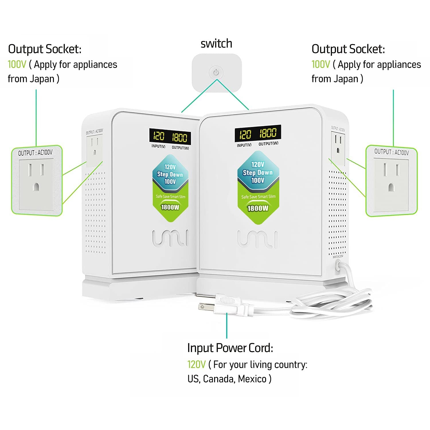 Umi 1800 Watt Voltage Converter Transformer   Heavy Duty Step Down Ac 120V To 100V Power Converter   For Japan Appliances Use In