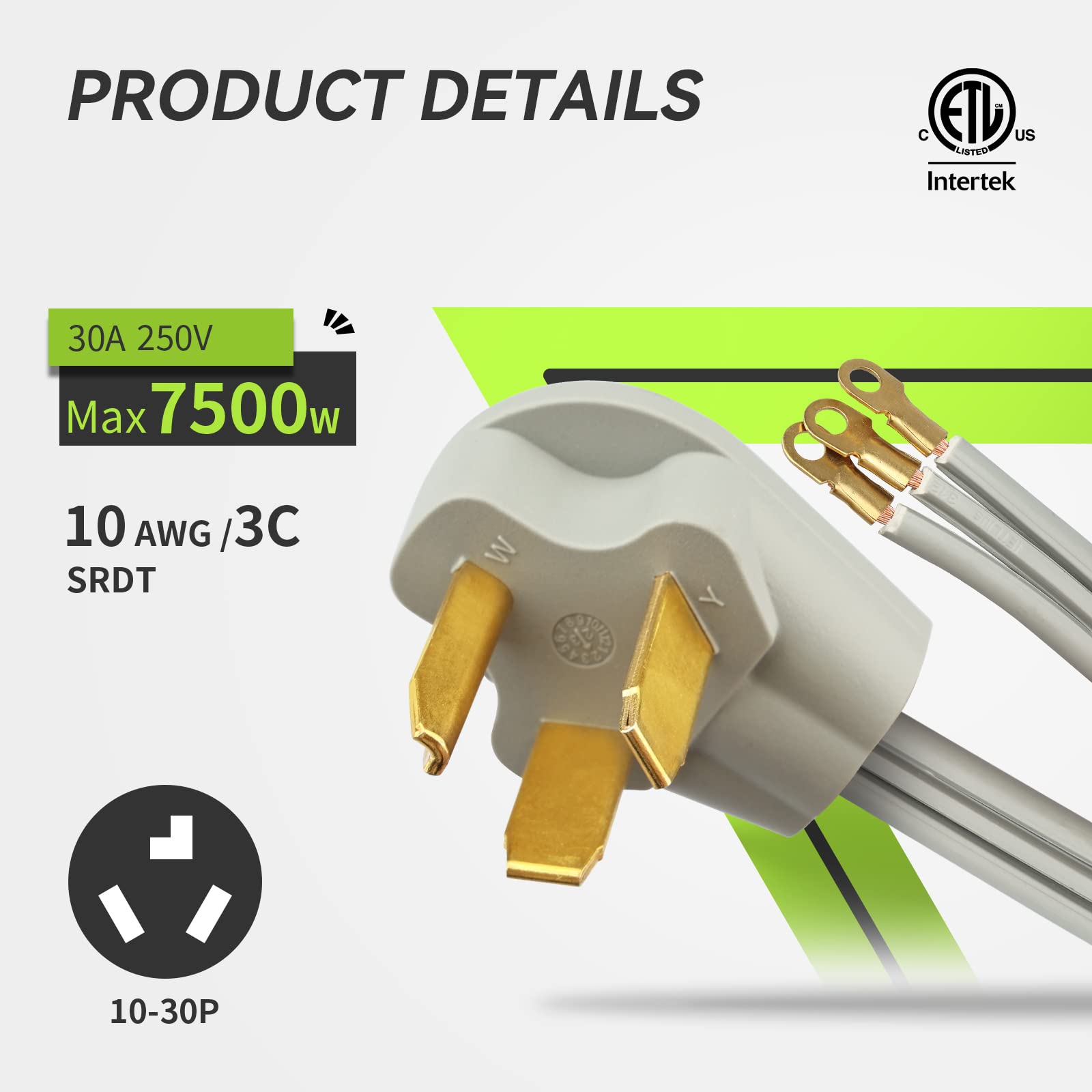 Rvmate 3 Prong Srdt Dryer Cord 5 Feet, 30 Amp Appliance Power Cord (Nema 10 30P To 3 Wire), 3 Wires With O Ring Terminal Connect