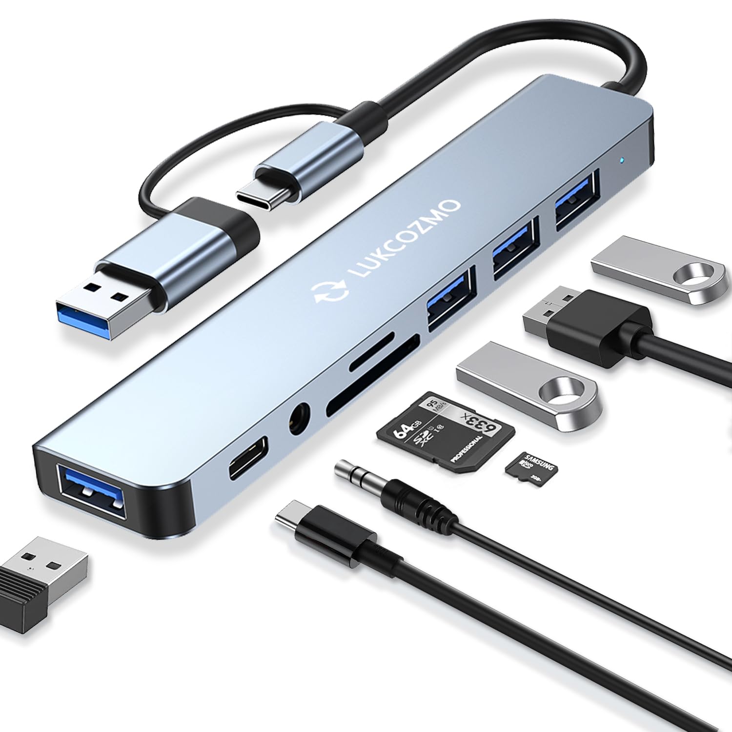 Lukcozmo Usb Hub Usb C Hub Usb Splitter 7 In 1 Usb Extender With 4 Usb Port 1 Usbc Port Tf/Sd Card Reader Audio Output Compatibl