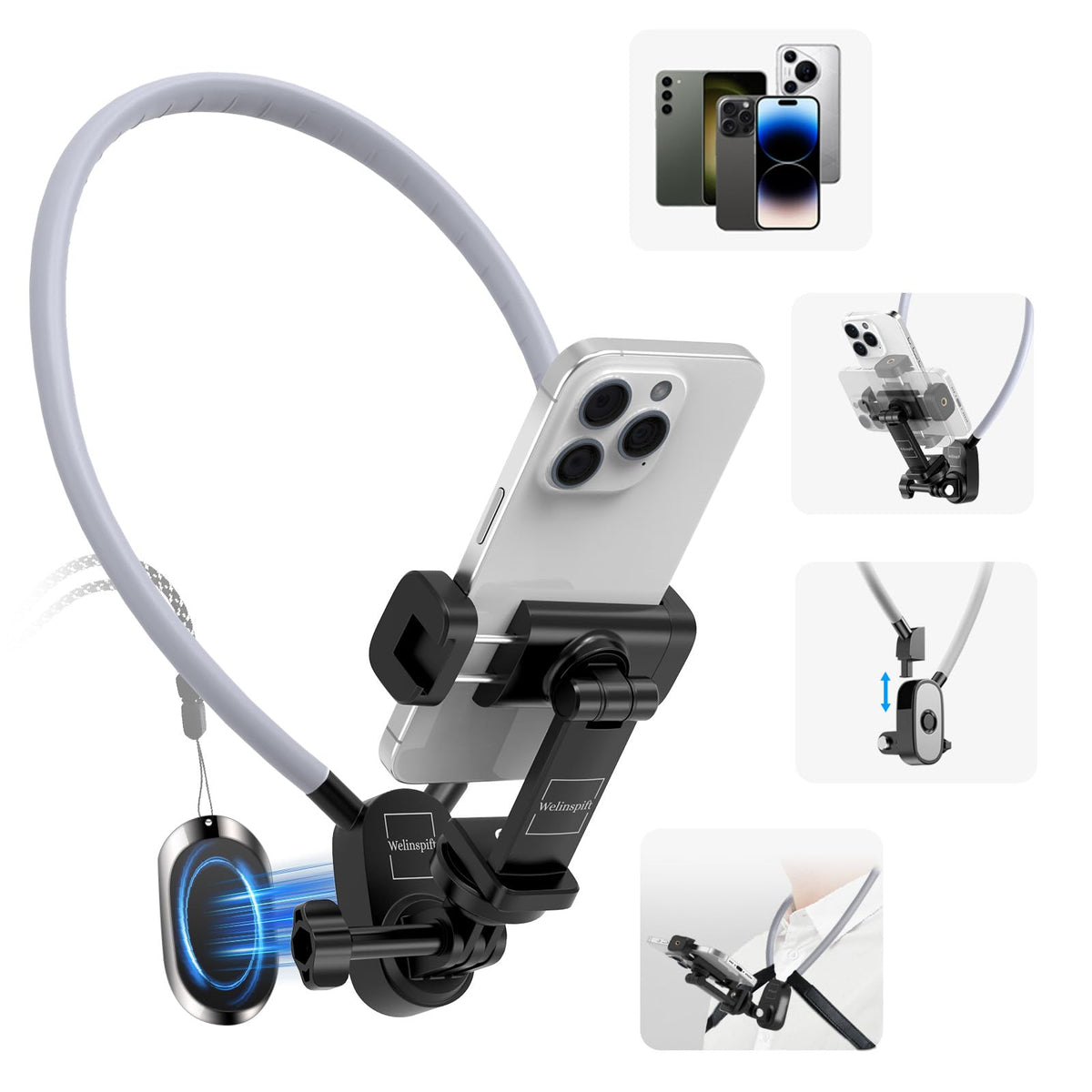 Magnetic Neck Phone Holder- Pov/Vlog Mount With Anti-Vibration Chest Strap Hands-Free With Phone Clip,Compatible With Iphone Sam