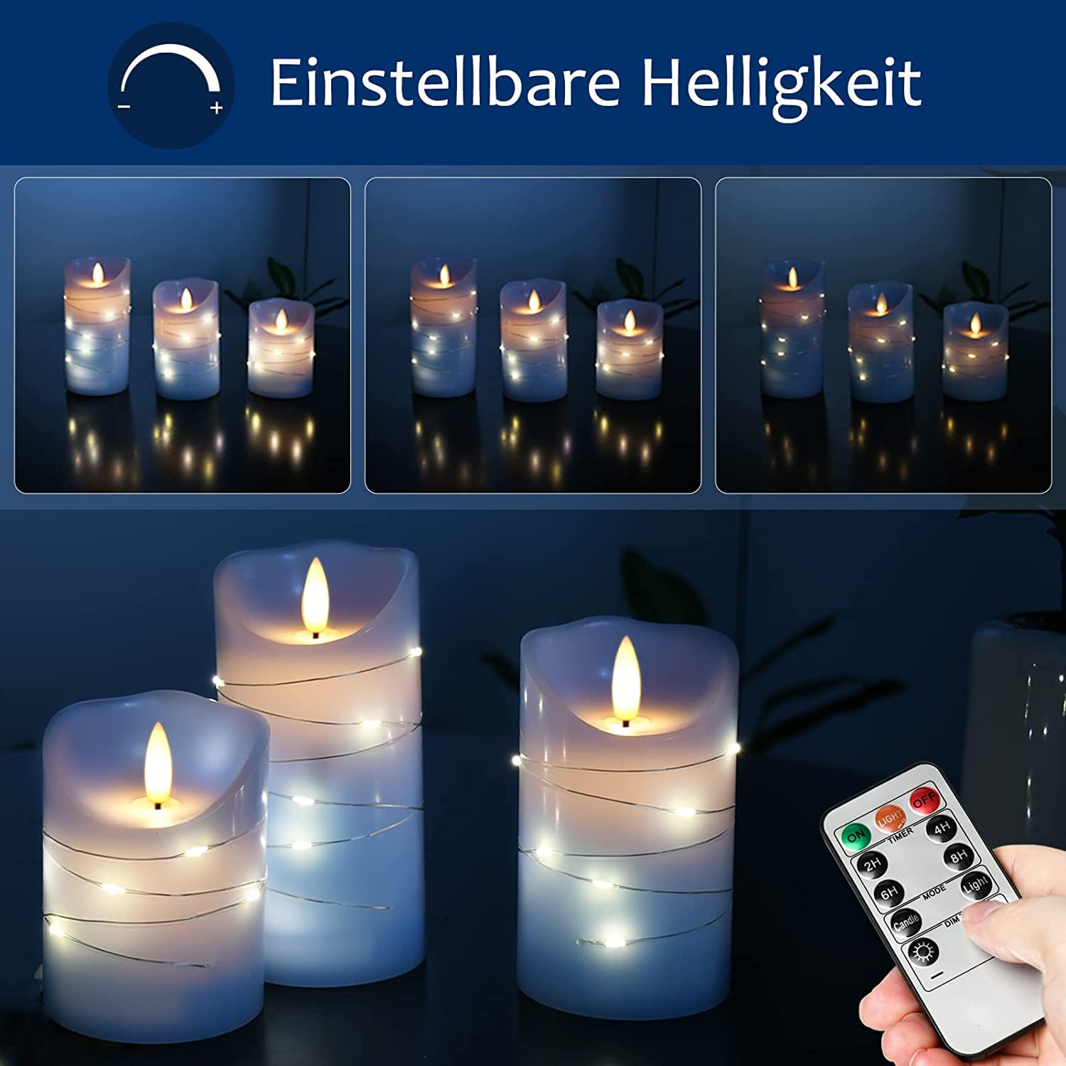 Danip Sky Blue Led Flameless Candle, With Embedded Star String, 3 Piece Set Of Led Candles, With 11 Button Remote Control, 24 Ho