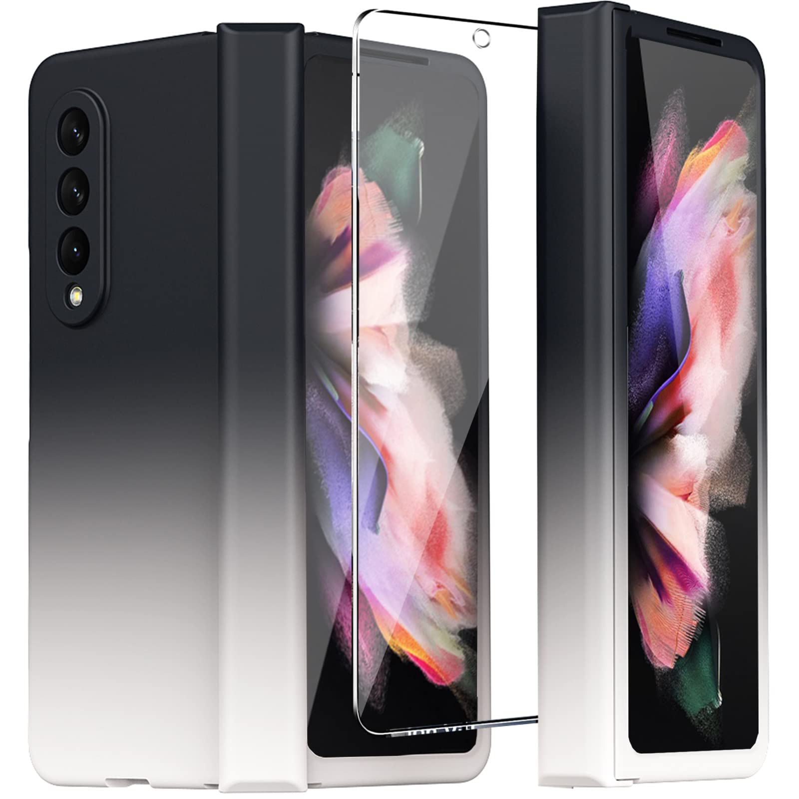 Ninki Compatible Samsung Galaxy Z Fold 3 Case With Screen Protector Hinge Protection,Black And White Gradient Full Body Protecti