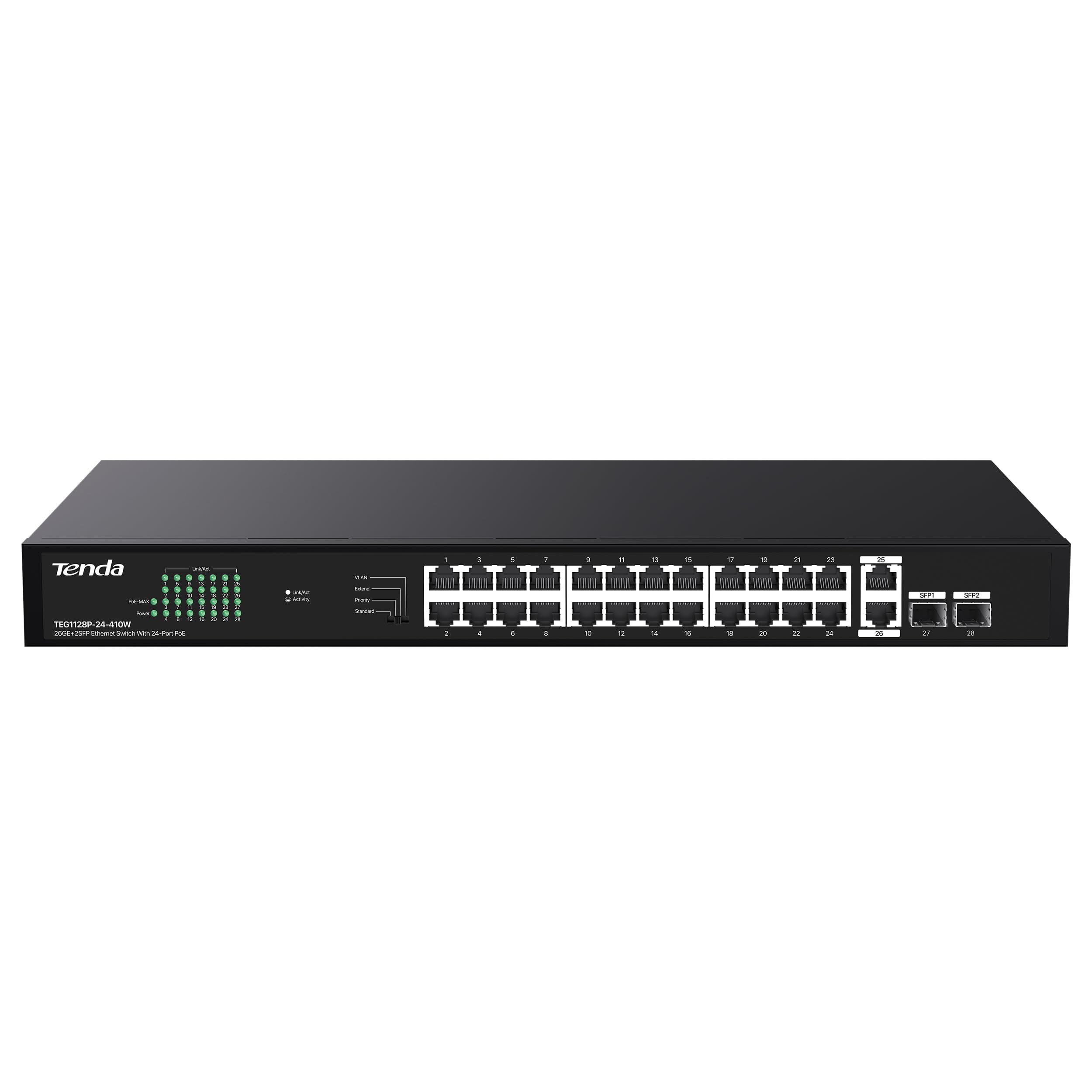 Tenda Teg1128P 24 Port Gigabit Poe Switch, With 24 Port Poe+@410W, 2 Uplink Gigabit Rj45 Ports And 2 Sfp Ports, One Key Change W
