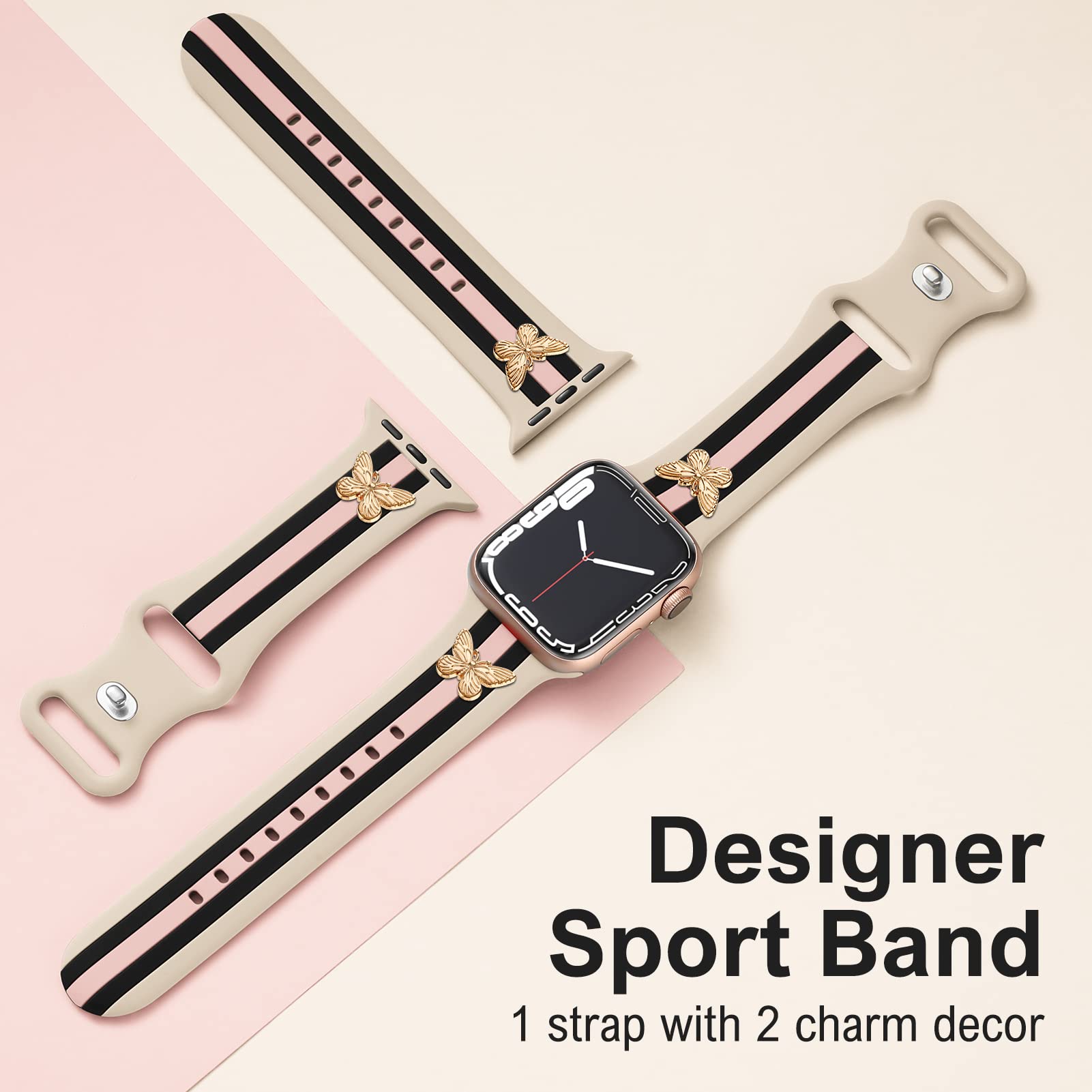 Designer Band With Charms Decor Compatible With Apple Watch Band 38Mm 40Mm 41Mm 42Mm 44Mm 45Mm 46Mm 49Mm Women Men, Stylish Sili