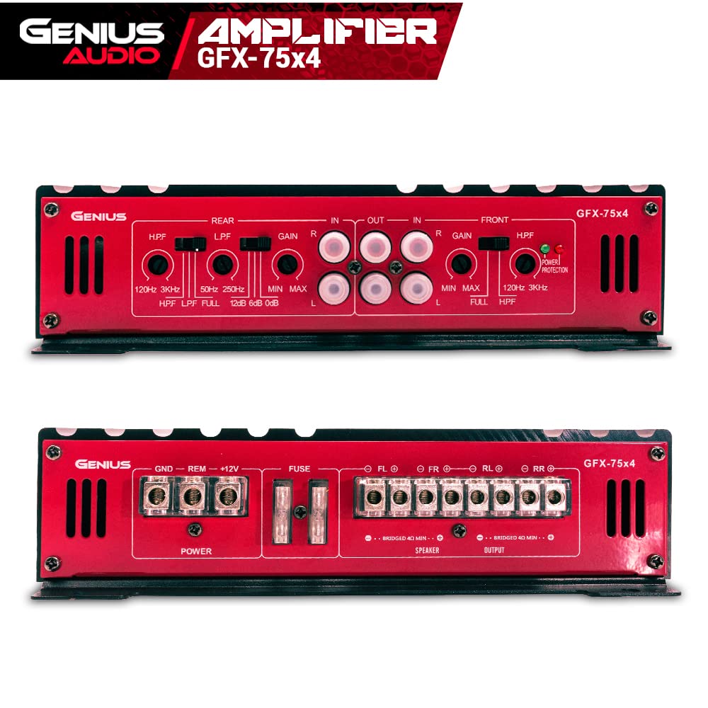 Genius Audio Gfx 75X4 Full Range Powered Car Amplifier Multichannel 1800 Watts Max Class Ab 2 Ohm Stable With Power Protection System To Boost Speaker And Woofer Performance