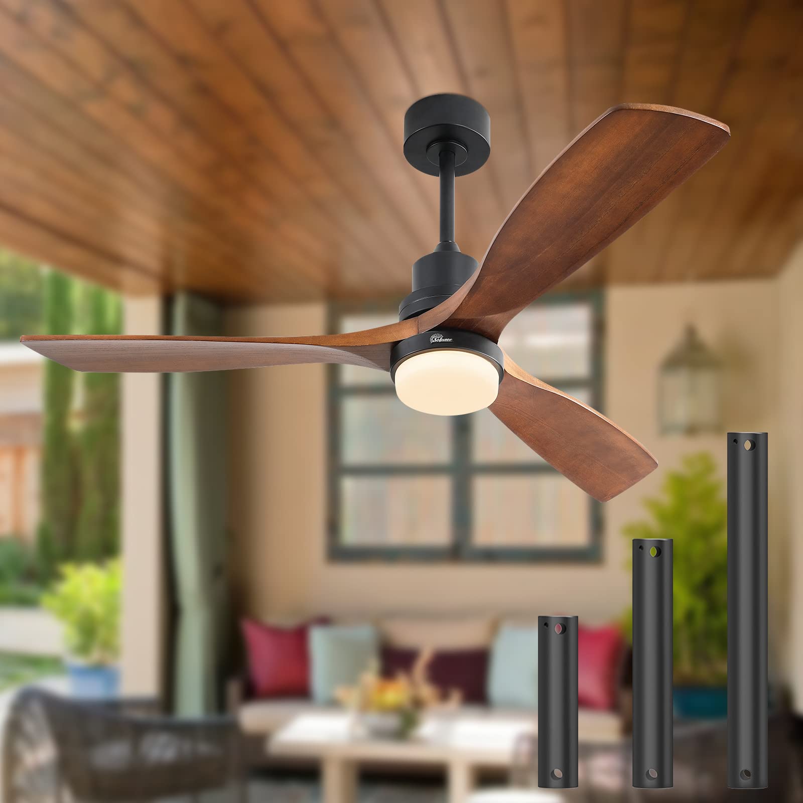 Sofucor 52 Inch Ceiling Fans with Lights and Remote Control, 3 Down Rods Outdoor Ceiling Fan with Light, Dimmable LED Light, Noi