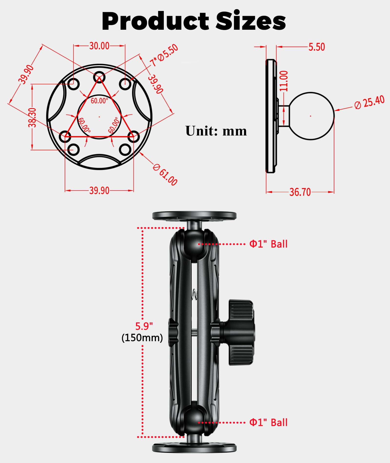 Vazeswin Aluminum Alloy Electronic Device Mount With 1'' Ball Round Plates, 5.9'' Long Arm Fish Finder Mount Tablet Holder, B Si