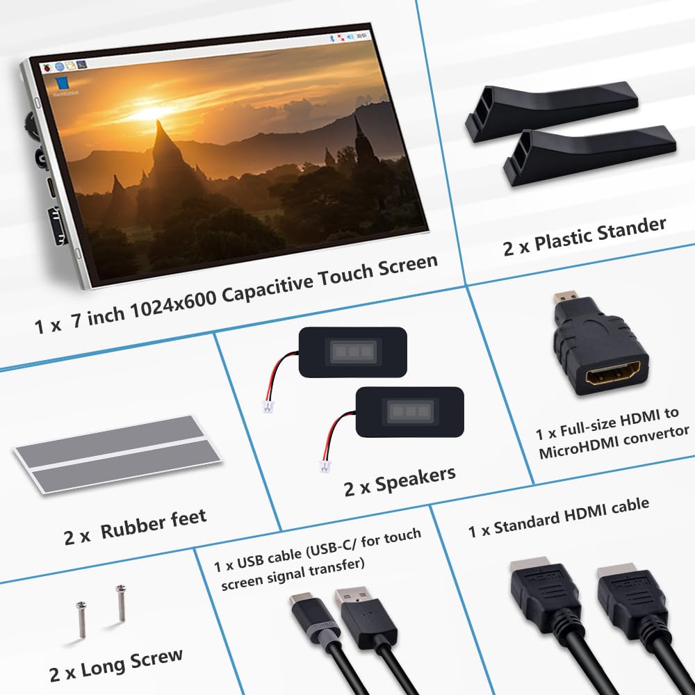Geeekpi 7 Inch Capacitive Touchscreen For Raspberry Pi, 1024X600 Ips Lcd Display With Dual Speaker, Hdmi Portable Monitor For Ra