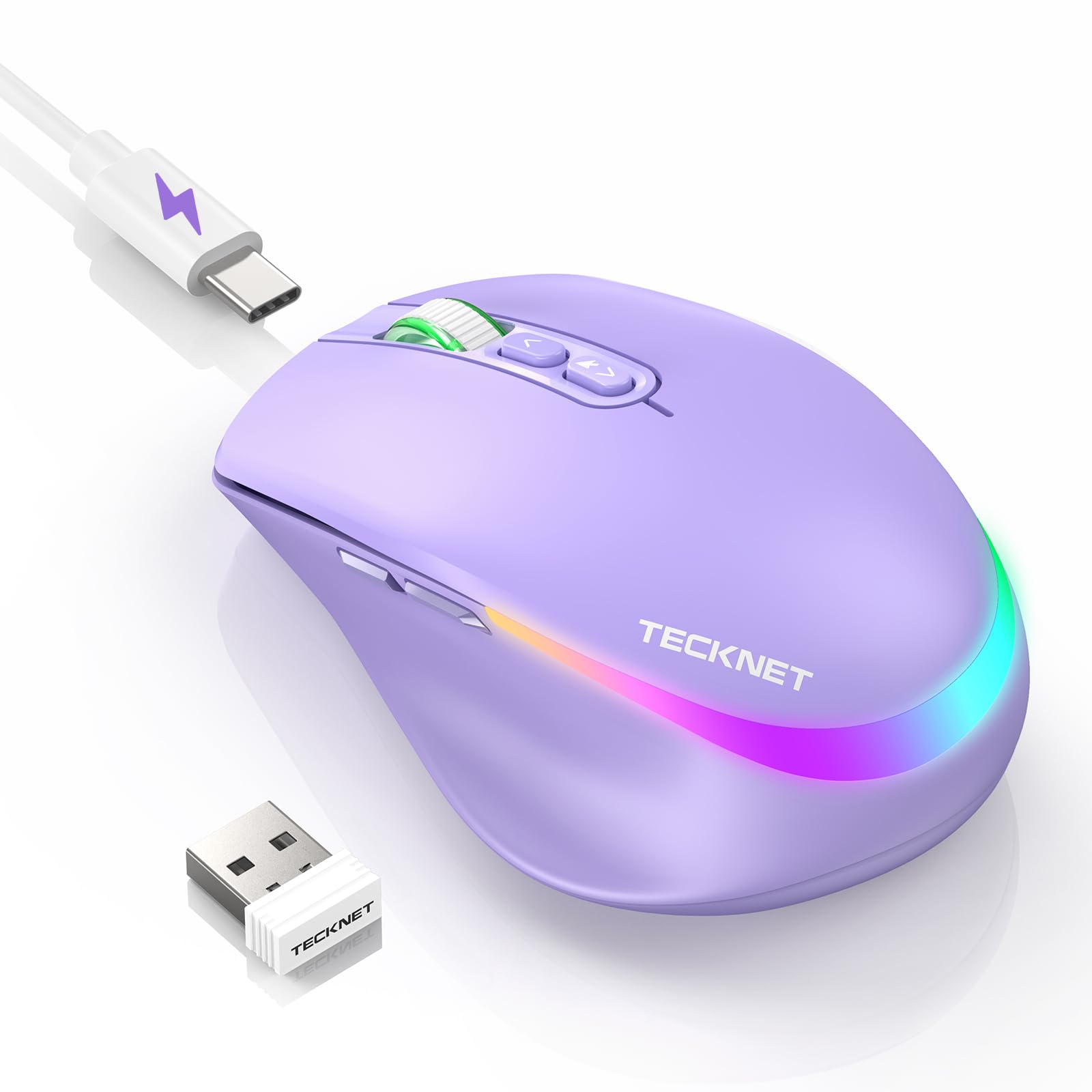 TECKNET Wireless Mouse Jiggler, Rechargeable Mouse with Built-in Mouse Mover, 6 Adjustable DPI & 14 LED Modes, Silent Click, Und