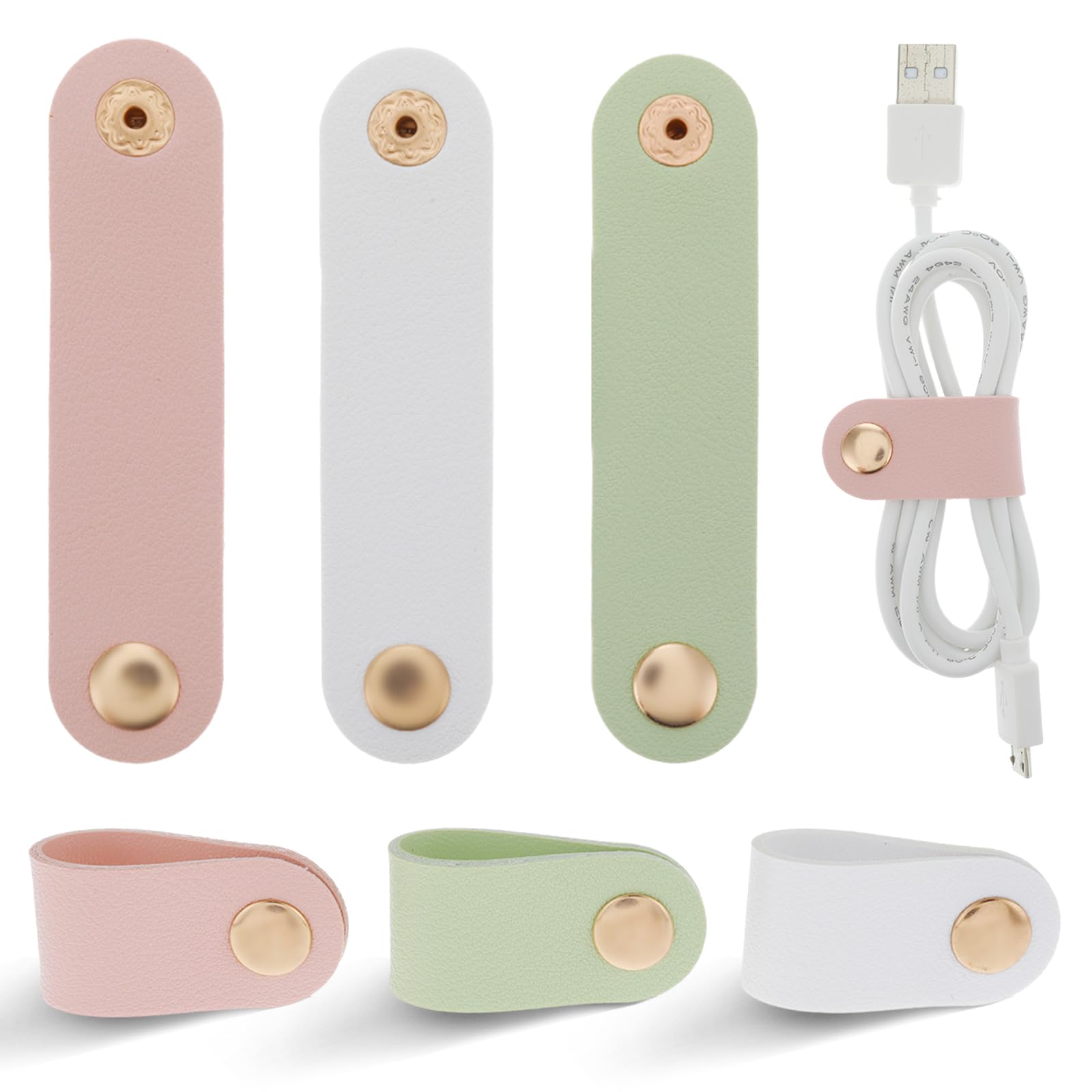 6 Pieces Cord Organizer, Pu Leather Cable Organizer Reusable Cable Straps Clips Wire Ties Charging Cord Power Cord Earphone Usb