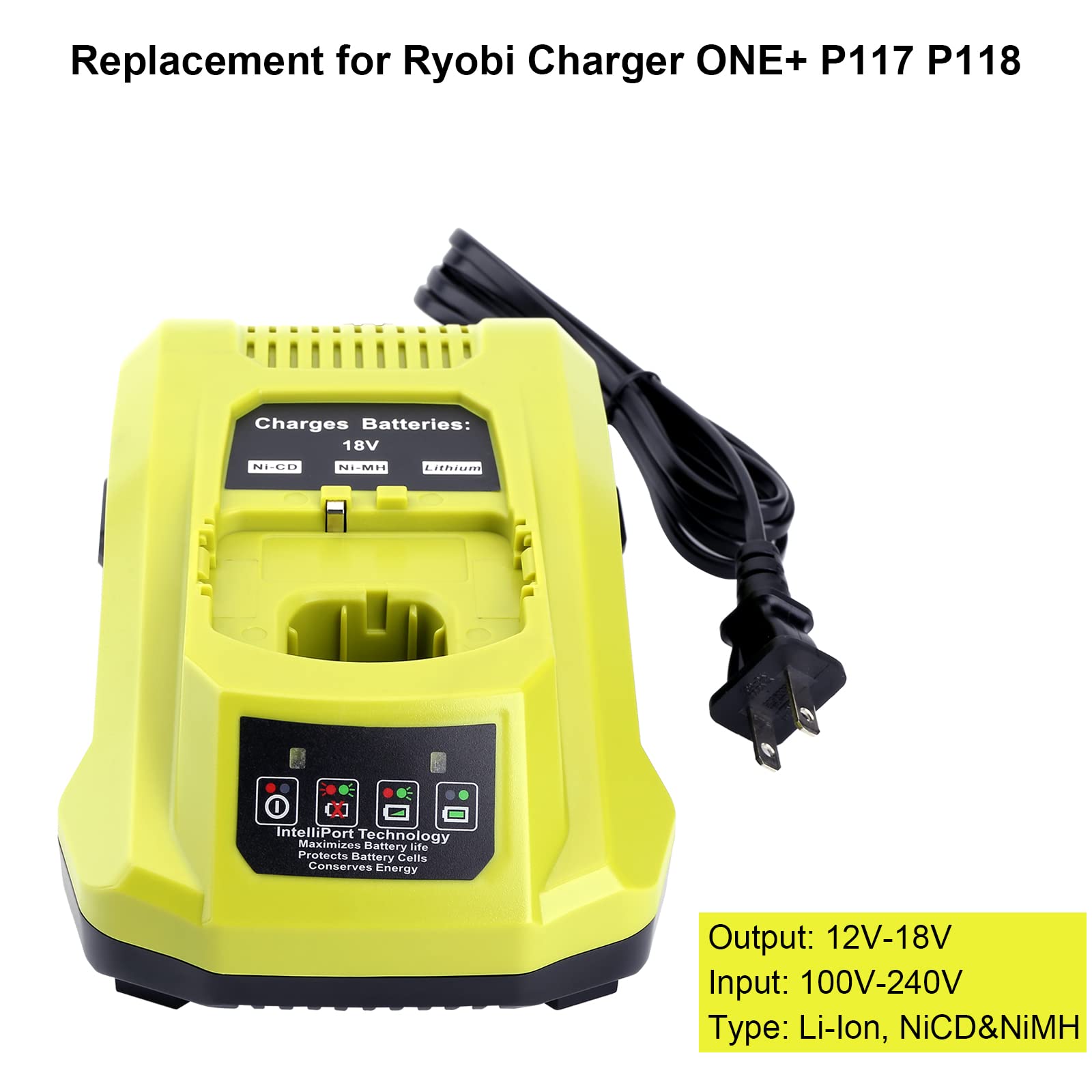 Elefly P117 Compatible With Ryobi 18V Battery Charger, Compatible With Ryobi 12V 18V One+ Lithium Nicad Nimh Battery P102 P103 P
