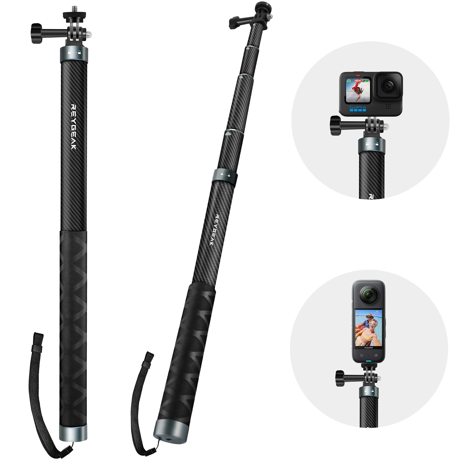 REYGEAK 59 Inch Selfie Stick Long Invisible Pole for GoPro 13 Carbon Fiber Waterproof Extension Monopod for GoPro Hero 13/12/11/