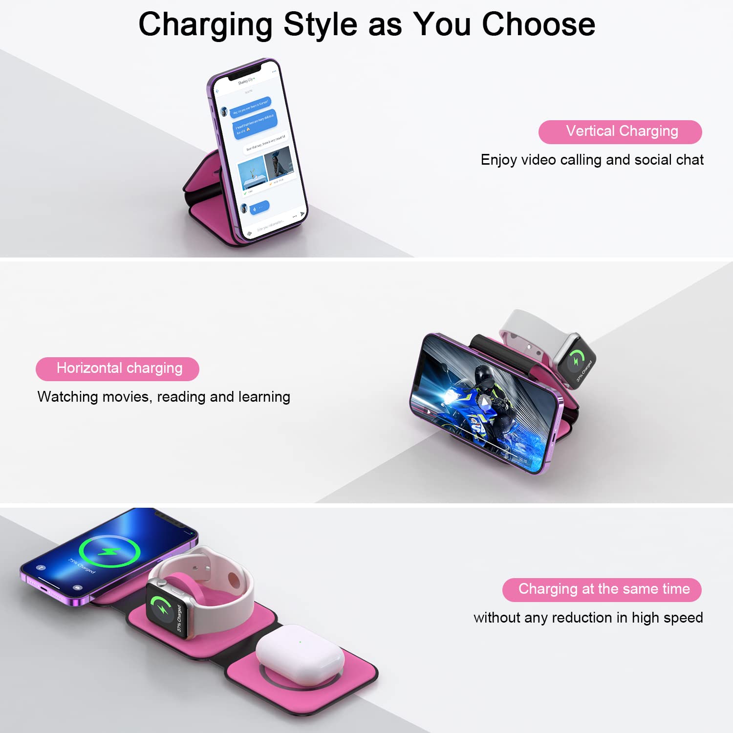 Wireless Charger 3 In 1,Rtops Magnetic Travel Wireless Charging Station Multple Devices,Gan 3 In 1 Charging Station,Compatible F