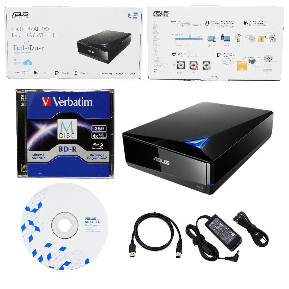 Produplicator Asus 16X External Blu Ray Drive With Bd Suite Disc, Usb 3.0 Cable, Power Adapter And Cord (Bw 16D1X U) Bundle With
