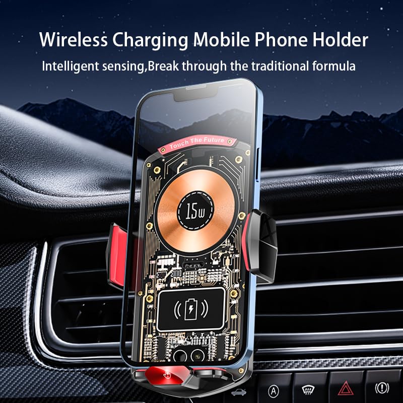 Wireless Car Charger Mount,Phone Holder,15W Fast Charging, Air Vent Clamp,Auto Clamping,360 Rotating Ball Joint,Transparent Case