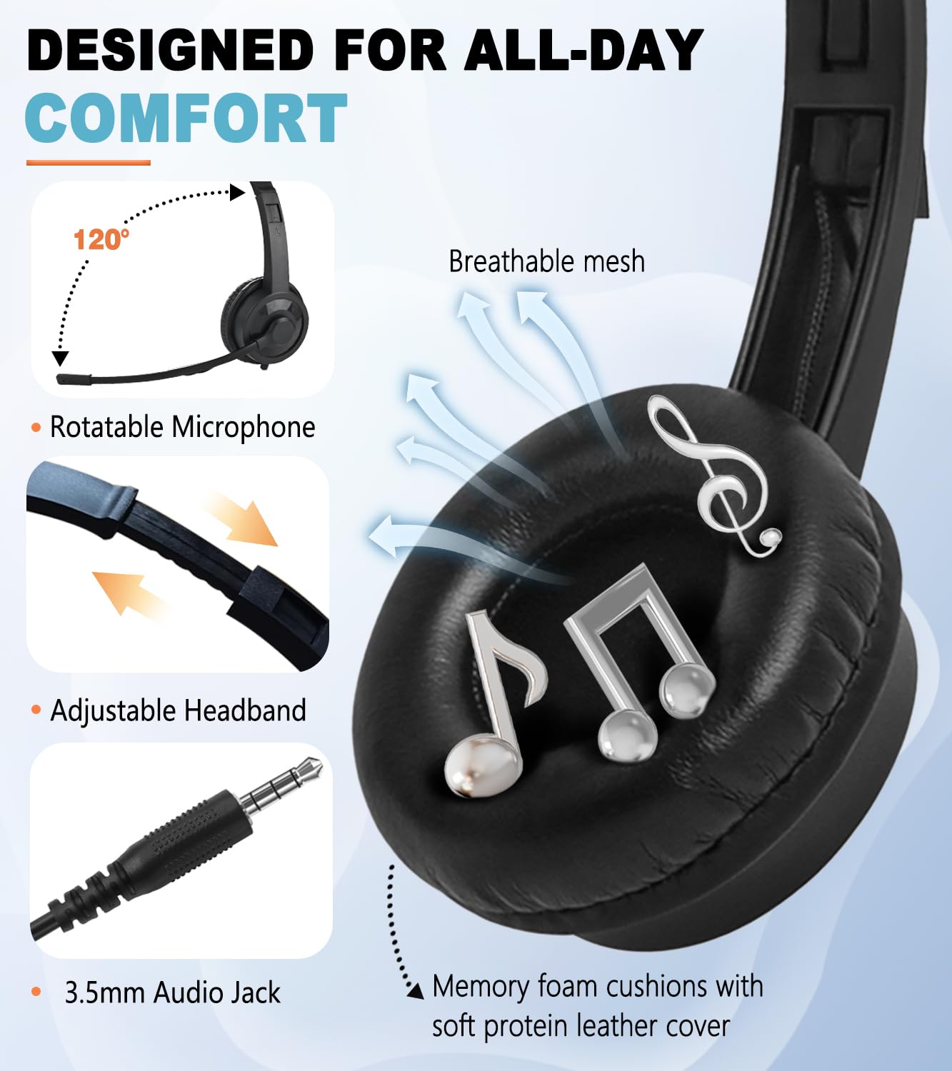 Ladont Wired Headset With Microphone For Computer Pc Laptop, 3.5Mm Jack Headset With Clear Chat Mic For Office Black (1 Pack)
