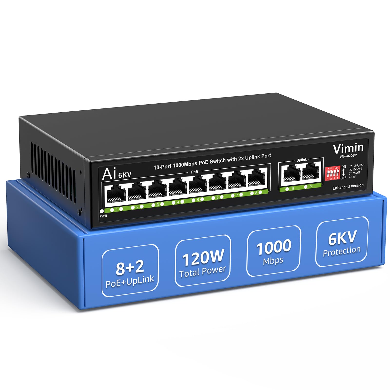 [Upgraded] 10 Port Gigabit Poe Switch With 8 Port Poe, Vimin 8 Port Unmanaged 10/100/1000Mbps Network Poe Switch With 2 Uplink P