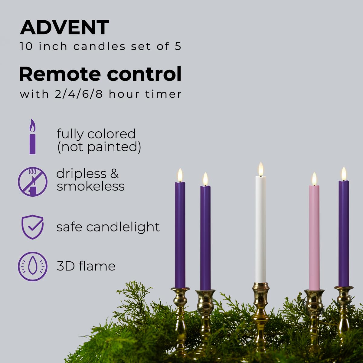 Stmarry Flameless Advent Candles, Set Of 5   Flickering Led Flame, 10 Inch Taper Candlesticks, Remote Controlled   3 Purple, 1 P