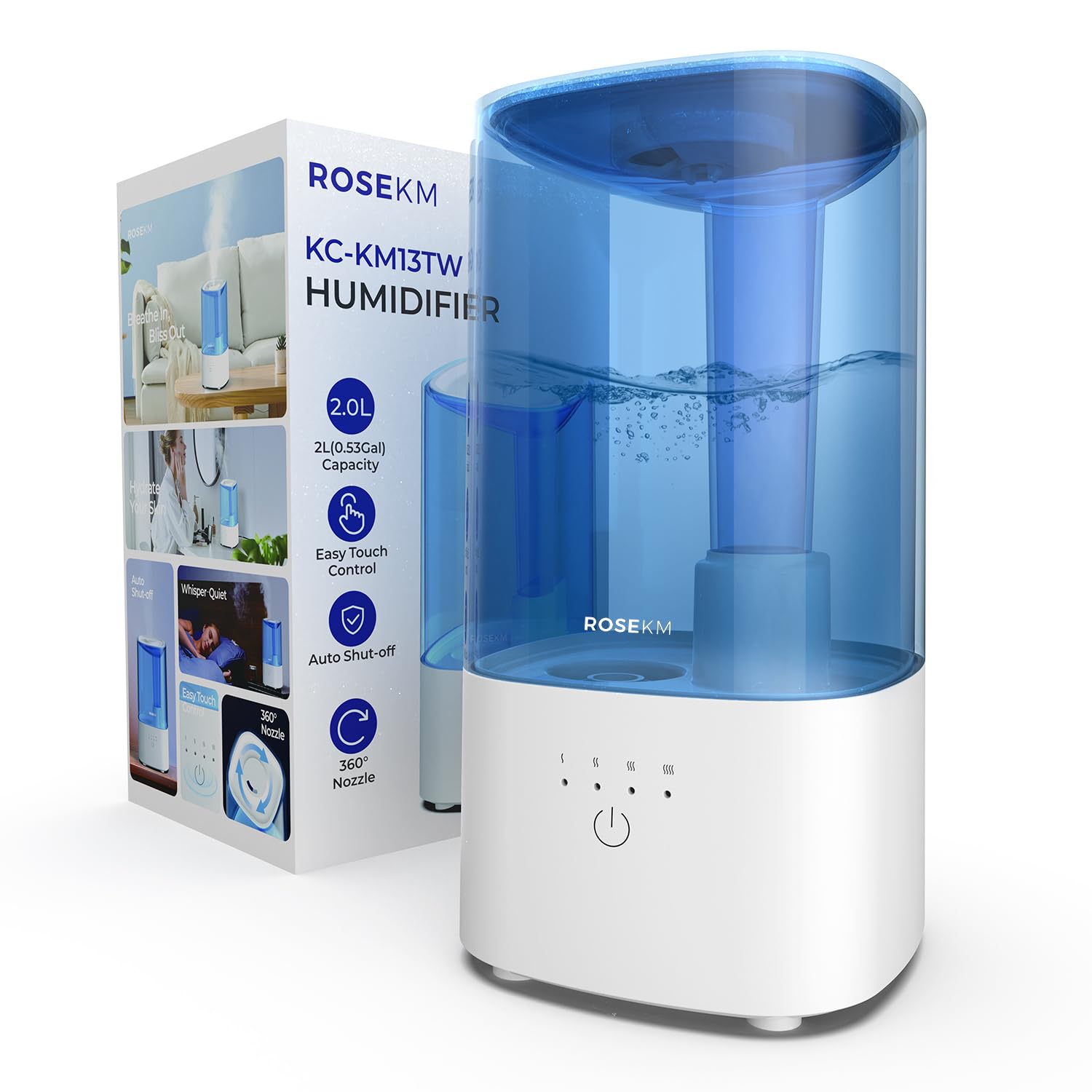 ROSEKM Cool Mist Humidifiers for Bedroom, 2.0L Small Humidifier for Baby and Plant, Last Up to 10H on Max Mist Setting, Auto Shu