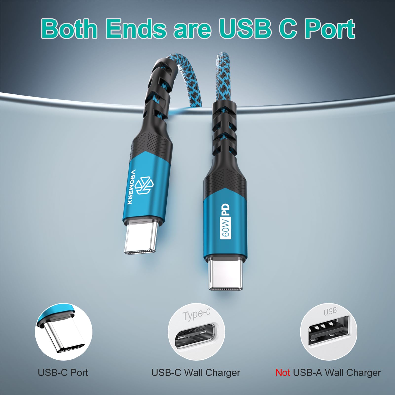 Kremorv Usb C To Usb C Cable 60W Nylon Braided Type C Charger Cord (4 Pack, 10 Ft) C To C Charger Cable For Samsung S24/S24 Ultra/S23