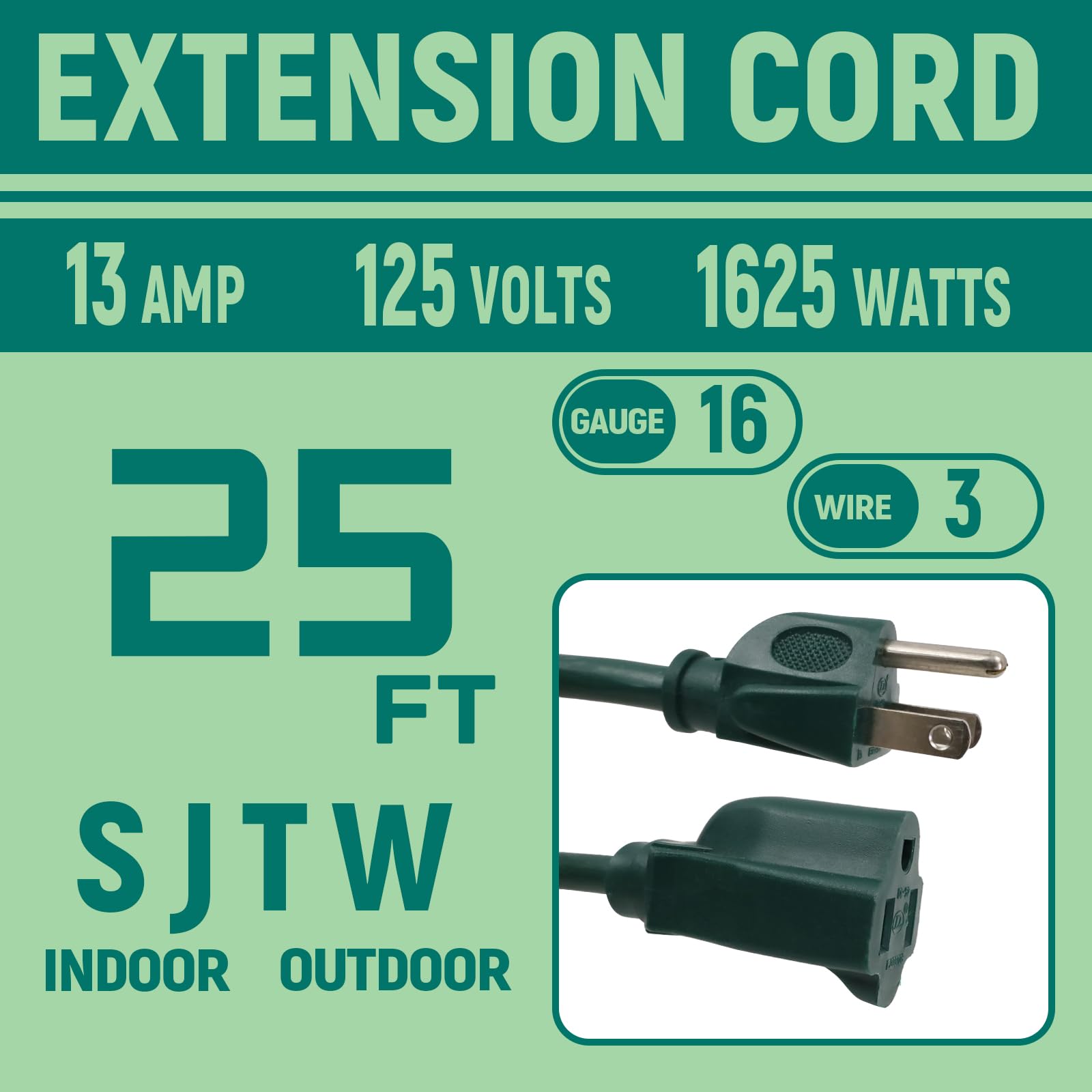 Greenprosper 25 Ft Indoor Outdoor Green Extension Cord, 16 Gauge Waterproof Electrical Power Cable, 16/3 Sjtw 3 Prong Grounded P