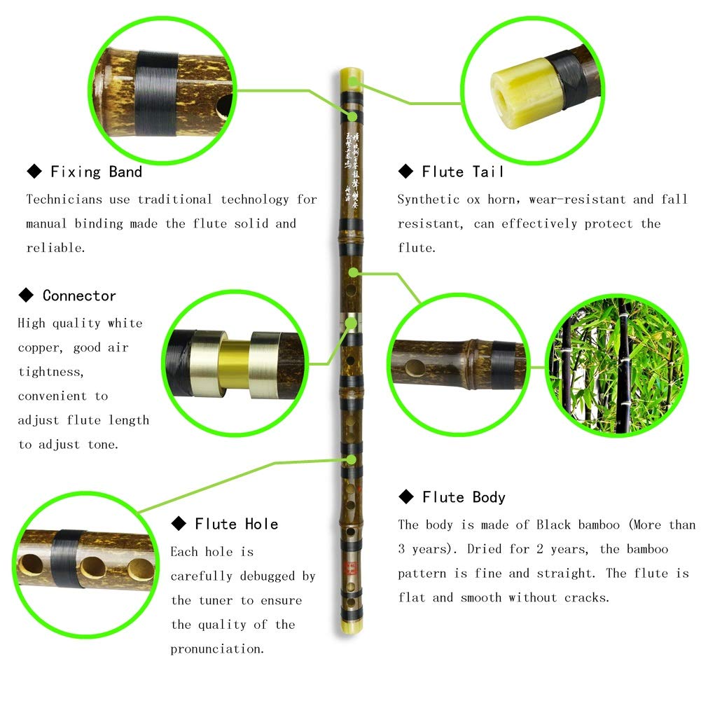 E Key Dizi Black Bamboo Flute With Free Membrane & Glue & Protector Set Traditional Chinese Instrument (Key Of E/Black Bamboo)