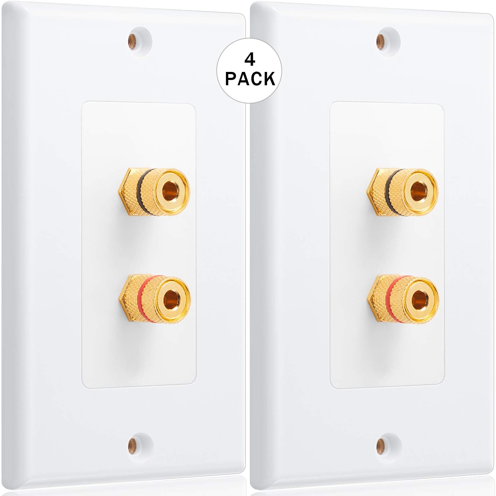 4 Pack Single Gang 1.0 Speaker Wire Wall Plate (Banana Plug Wall Plate) For 1 Speaker, White