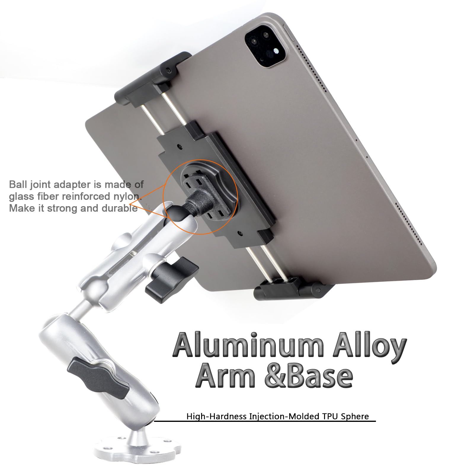 Vaubortti Aluminum Heavy Duty Dual Arm Tablet Mount With 4 Point 360 Rotation Drill Base   Fits 6.5'' 12.9'' Tablets (Ipad, Gala