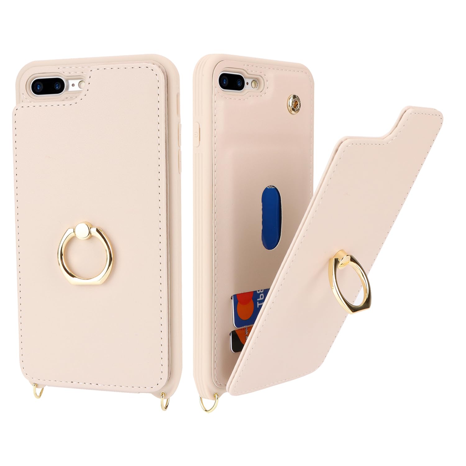 Lipvina For Iphone 7 Plus / 8 Plus Phone Case With Card Holder And Strap For Women,Crossbody Lanyard,Kickstand Ring Stand,Snap C