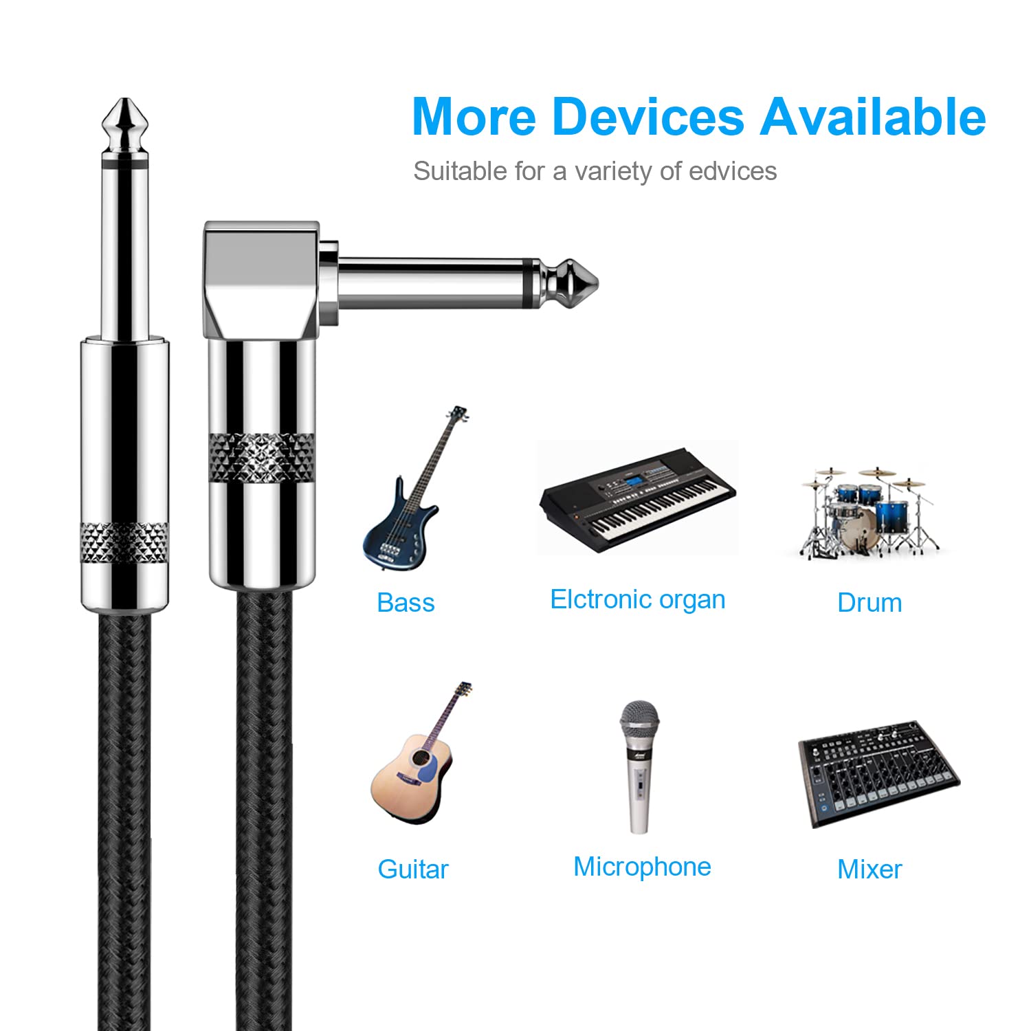 New Bee Guitar Cable 10Ft Electric Instrument Bass Amp Cord For Electric Mandolin, Pro Audio (Right Angle To Straight, Black)