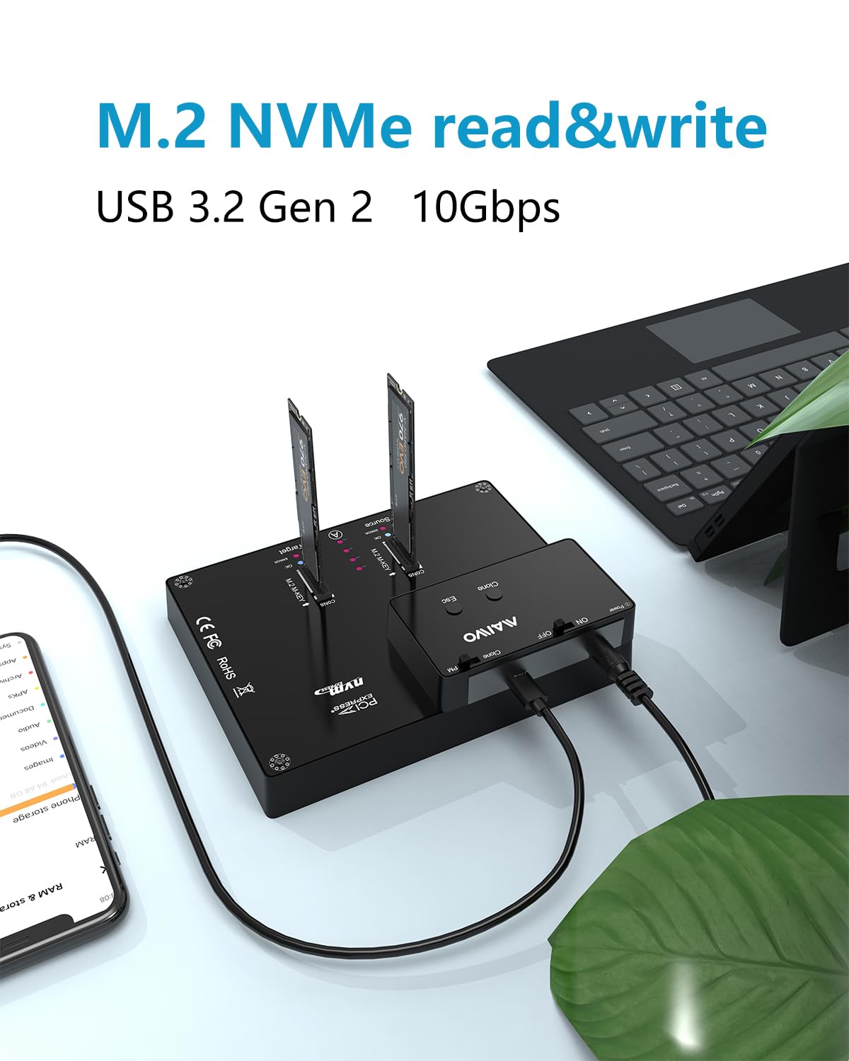 Maiwo K3015P Portable Dual Bay M.2 Nvme Docking Station, Tool Free Type C10Gbps Nvme Ssd External Enclosure, With Offline Clone Duplicator And System Copy Function.