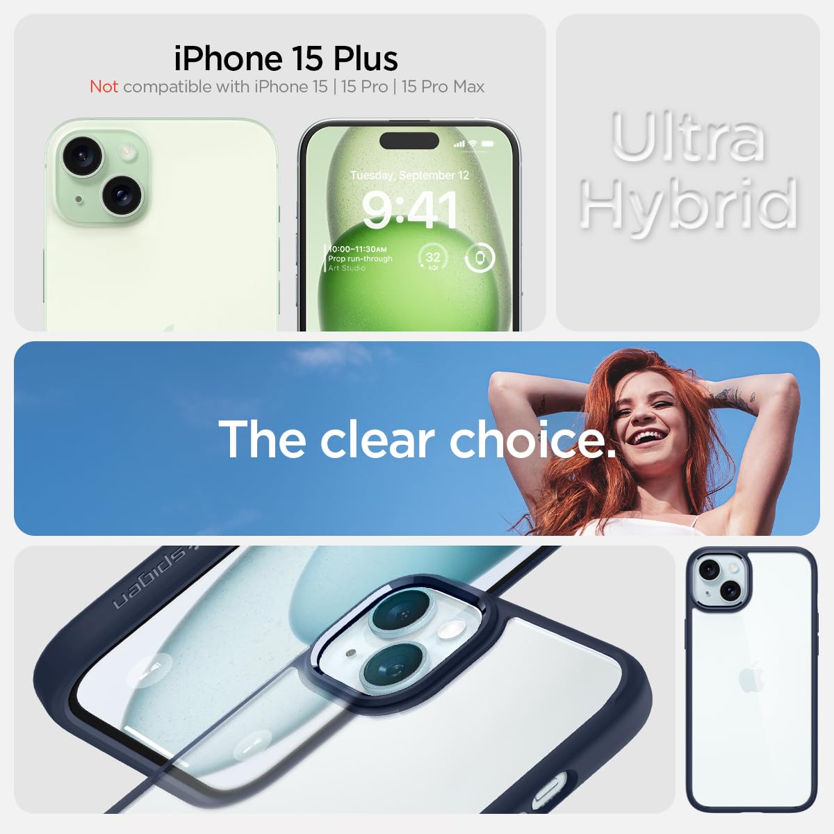 Spigen Ultra Hybrid Designed For Iphone 15 Plus Case (2023) [Anti Yellowing], [Military Grade Protection]   Navy Blue