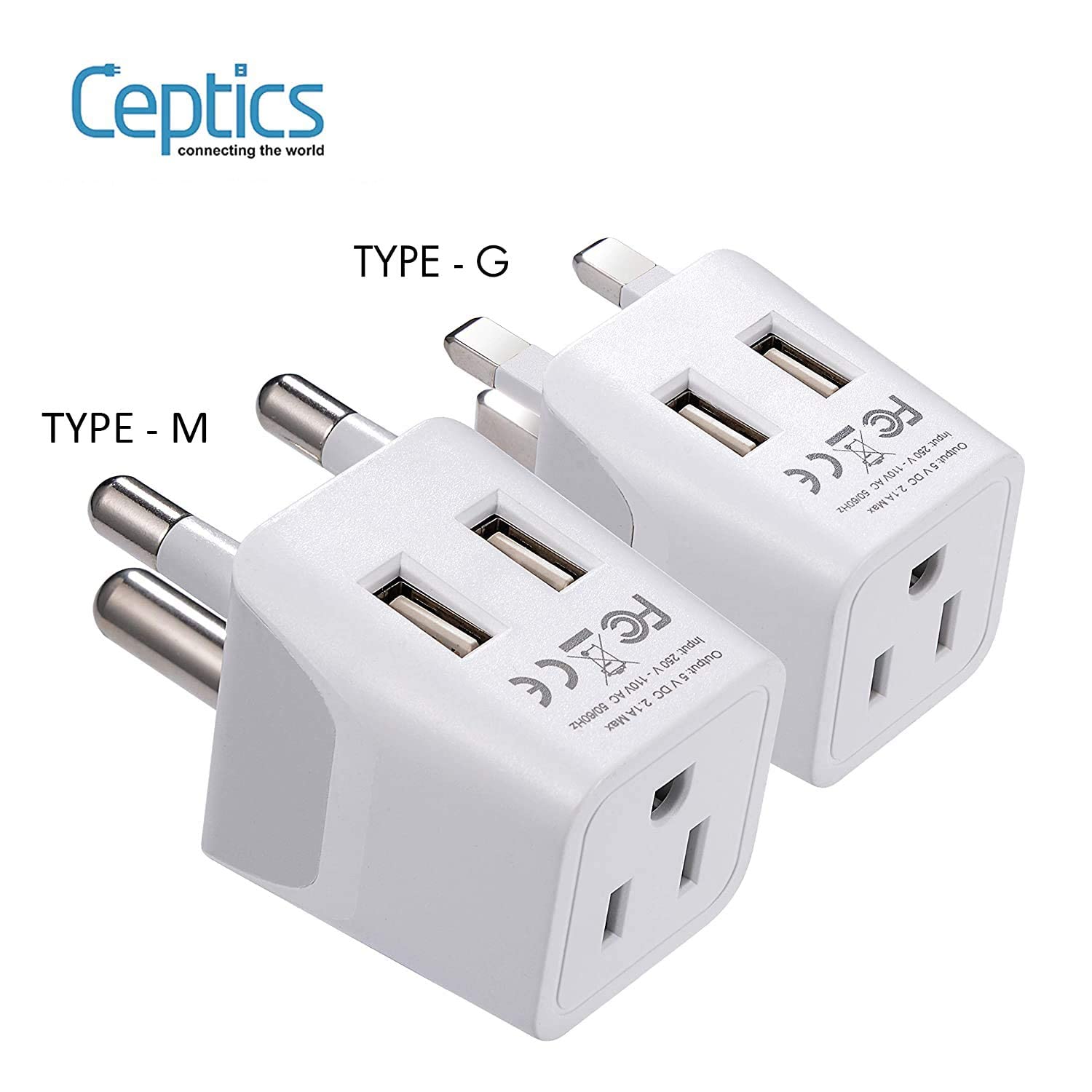 Ceptics South Africa Travel Plug Set   With 2 Usb + Usa Socket Input   Type M And Type G   Ultra Compact   Safe Grounded Perfect