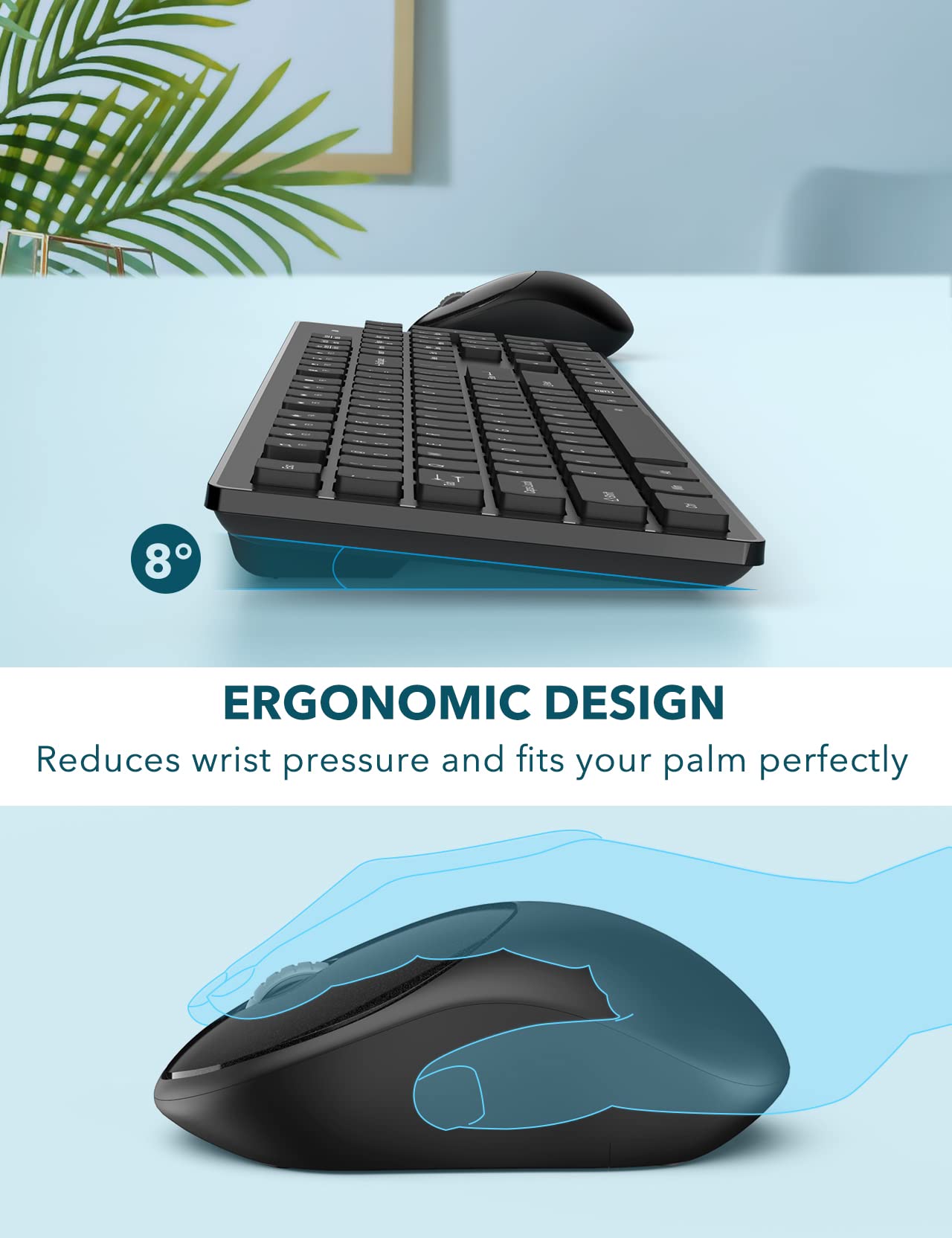 Wireless Keyboard And Mouse, Wisfox Usb Computer Keyboard With Silent Keys, Long Battery Life, 2.4Ghz Full Size Lag Free Cordles