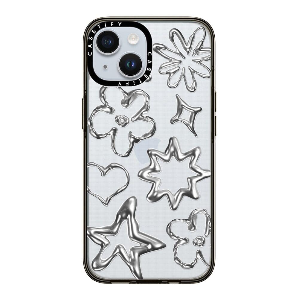 Casetify Compact Case For Iphone 15 [2X Military Grade Drop Tested / 4Ft Drop Protection]   Chrome Doodles   Clear Black