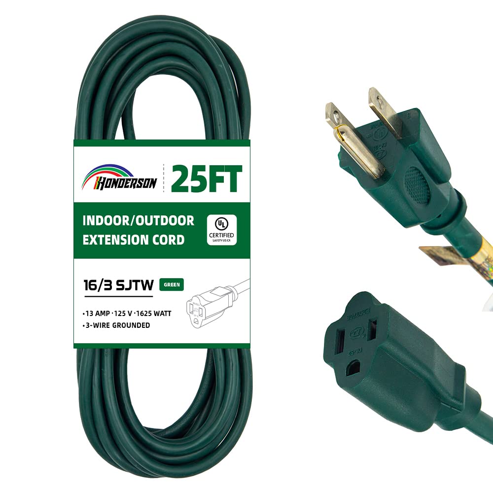 Honderson 25Ft Outdoor Extension Cord 16/3 Sjtw Durable Green Extension Cable With 3 Prong Grounded Plug For Safety,Great For Ou
