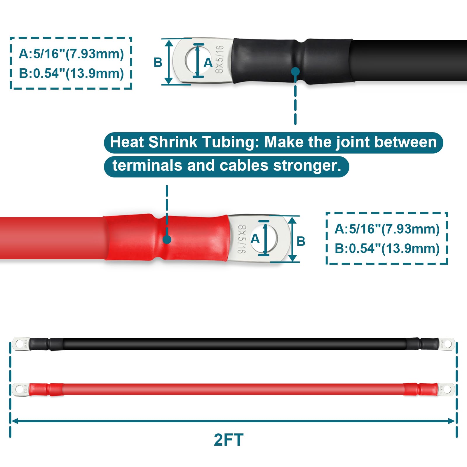 Zonbang 8 Awg Battery Cable With 5/16 Inch Terminals, Copper Battery Inverter Cables For Car Rv Automotive Solar, 2Ft(2 Pack)