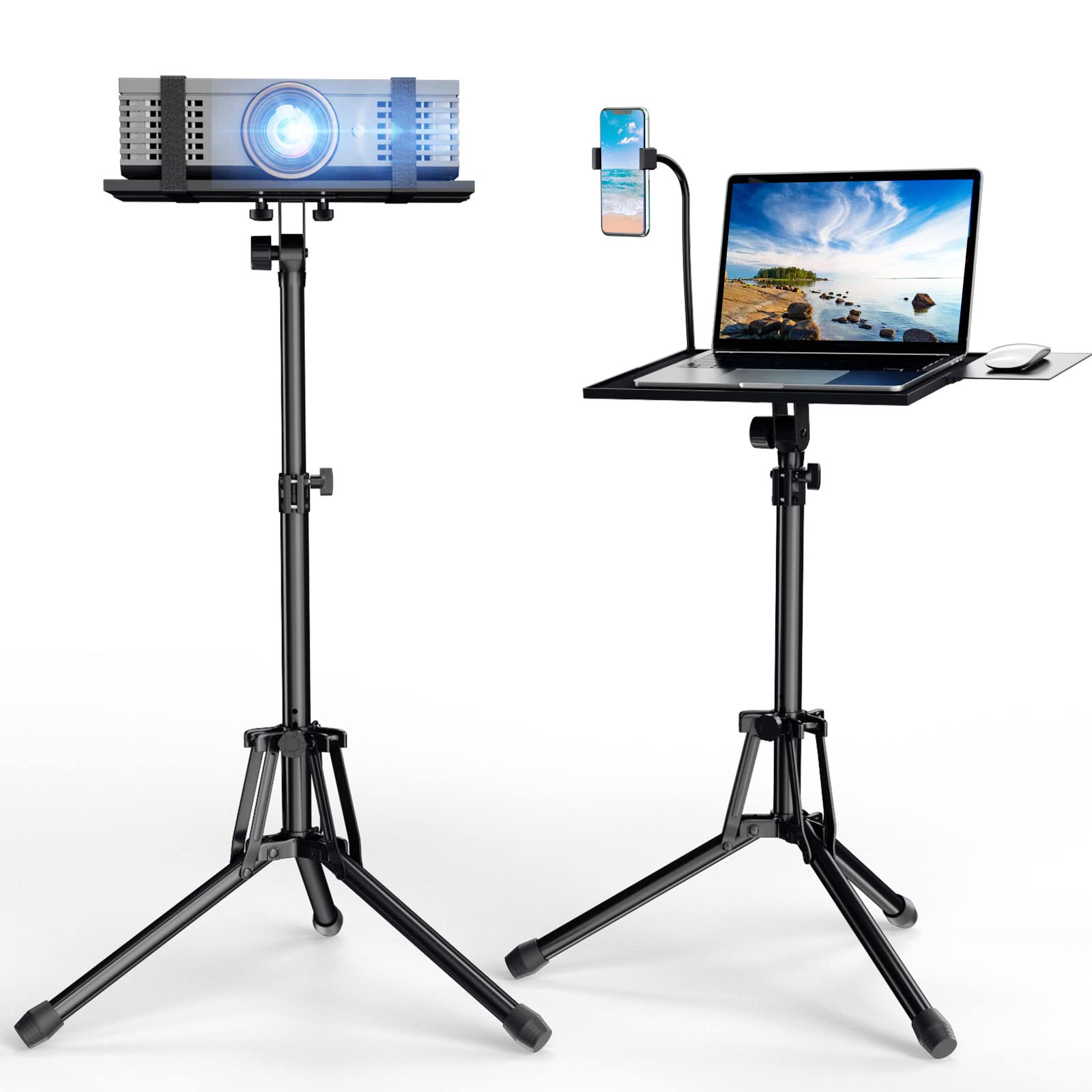 Projector Stand Laptop Tripod Stand   Portable Stand Adjustable Height 20 To 60 Inch, Projector Stand With Gooseneck Phone Holde