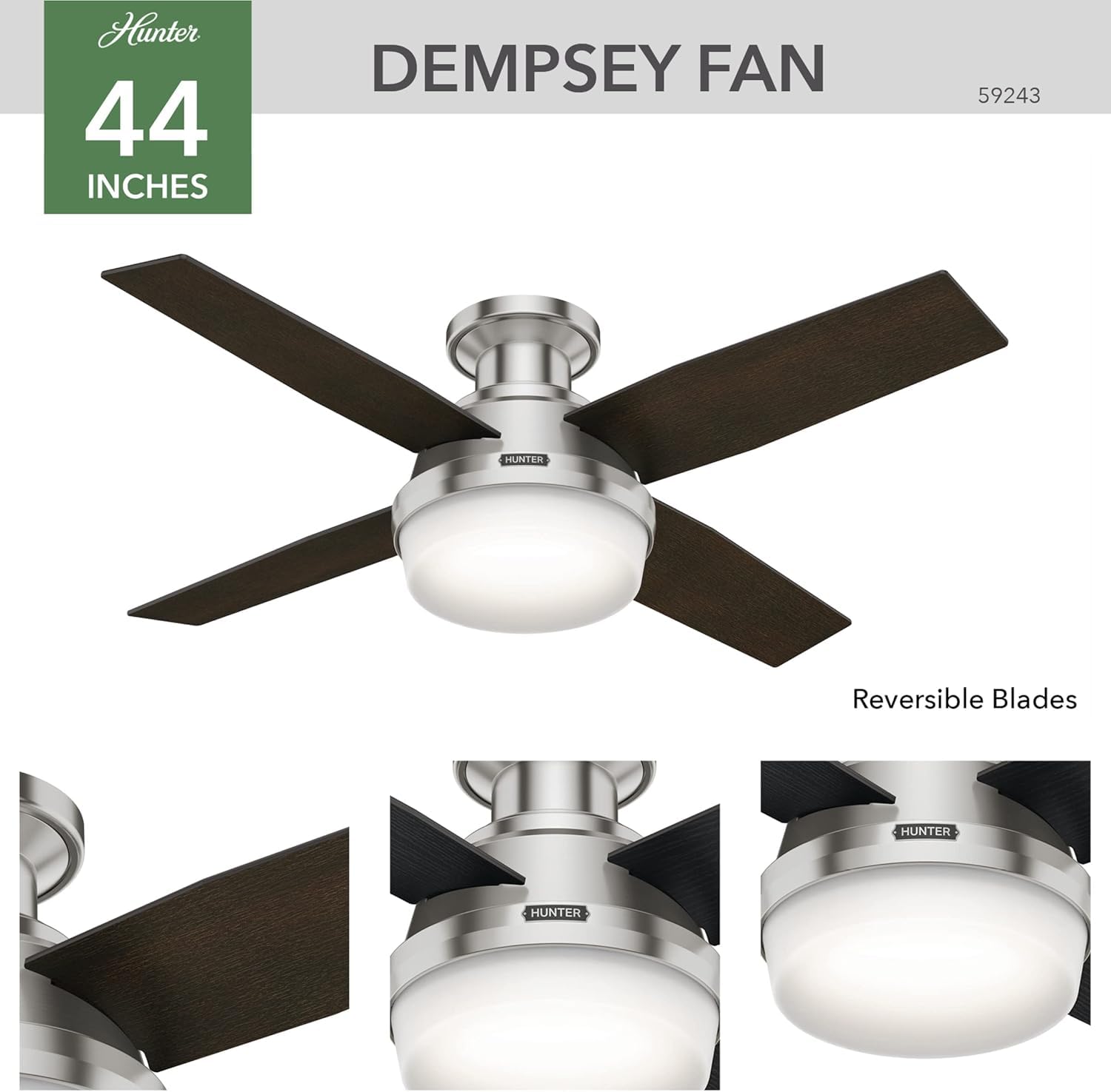 Hunter Fan Dempsey Low Profile Ceiling Fans With Lights And Remote, Flush Mount Ceiling Fan With Lights, Metal, Brushed Nickel F