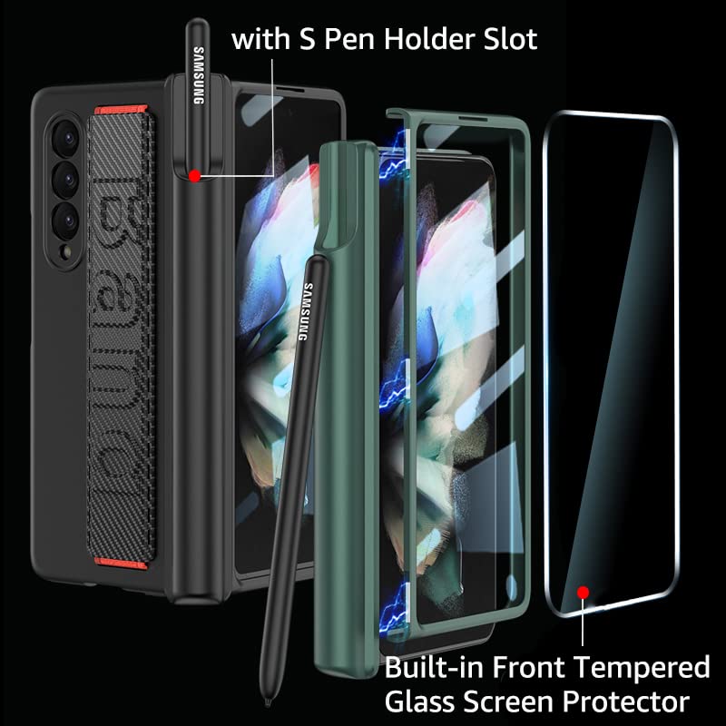 SOUTEM Samsung Galaxy Z Fold 3 5G Phone Case Magnetic Hinge S Pen Slot Screen Protector Wrist Strap PC Black