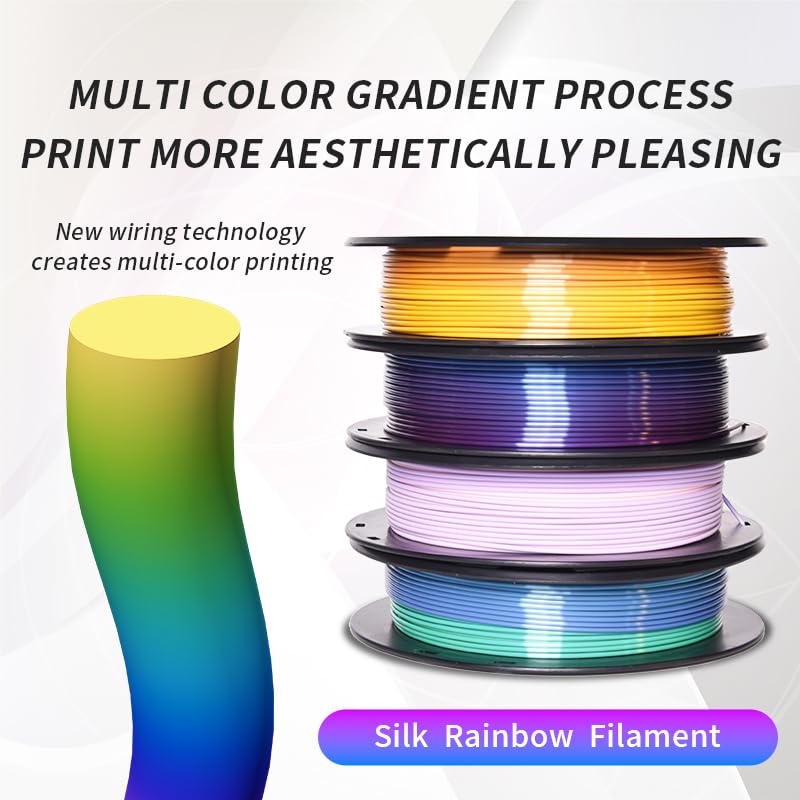Rambery 3D Printer Filament Bundle Silk Shiny Rainbow Pla Filament, Multicolored Fast Color Change Rainbow Toughness Upgraded 3D