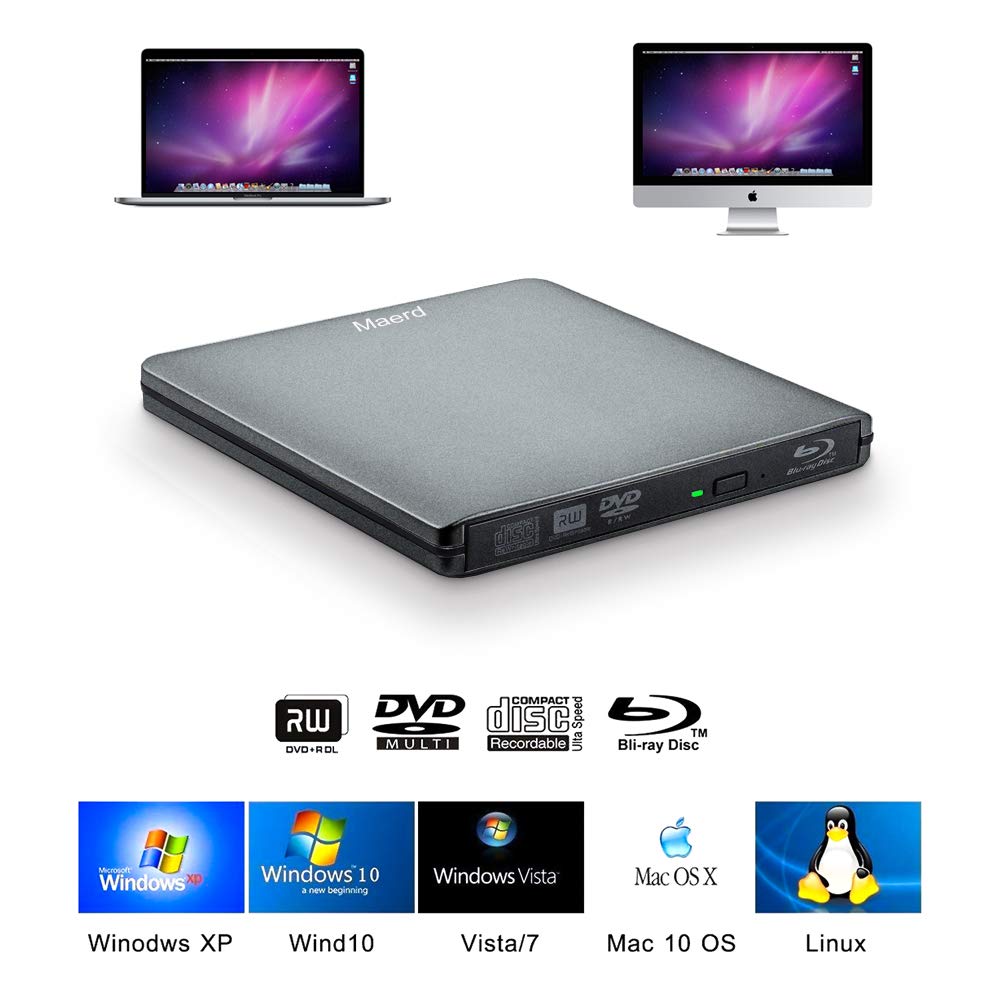 Maerd External Blu Ray Dvd Drive, Usb3.0 Type C Portable Blu Ray Player Cd Dvd Bd Burner 6X 3D Cd Dvd Bluray Burner For Windows