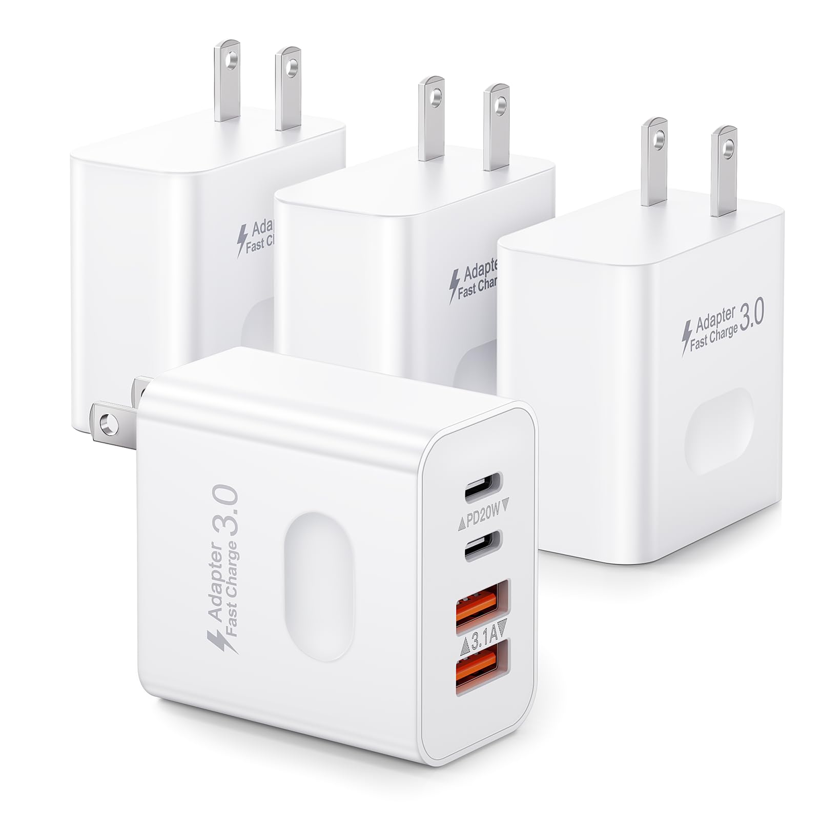USB C Charger Block [4 Pack], 40W 4-Port Fast Charging Blocks USB C Wall Charger Dual Port PD + QC USB Wall Plug Multiport Brick