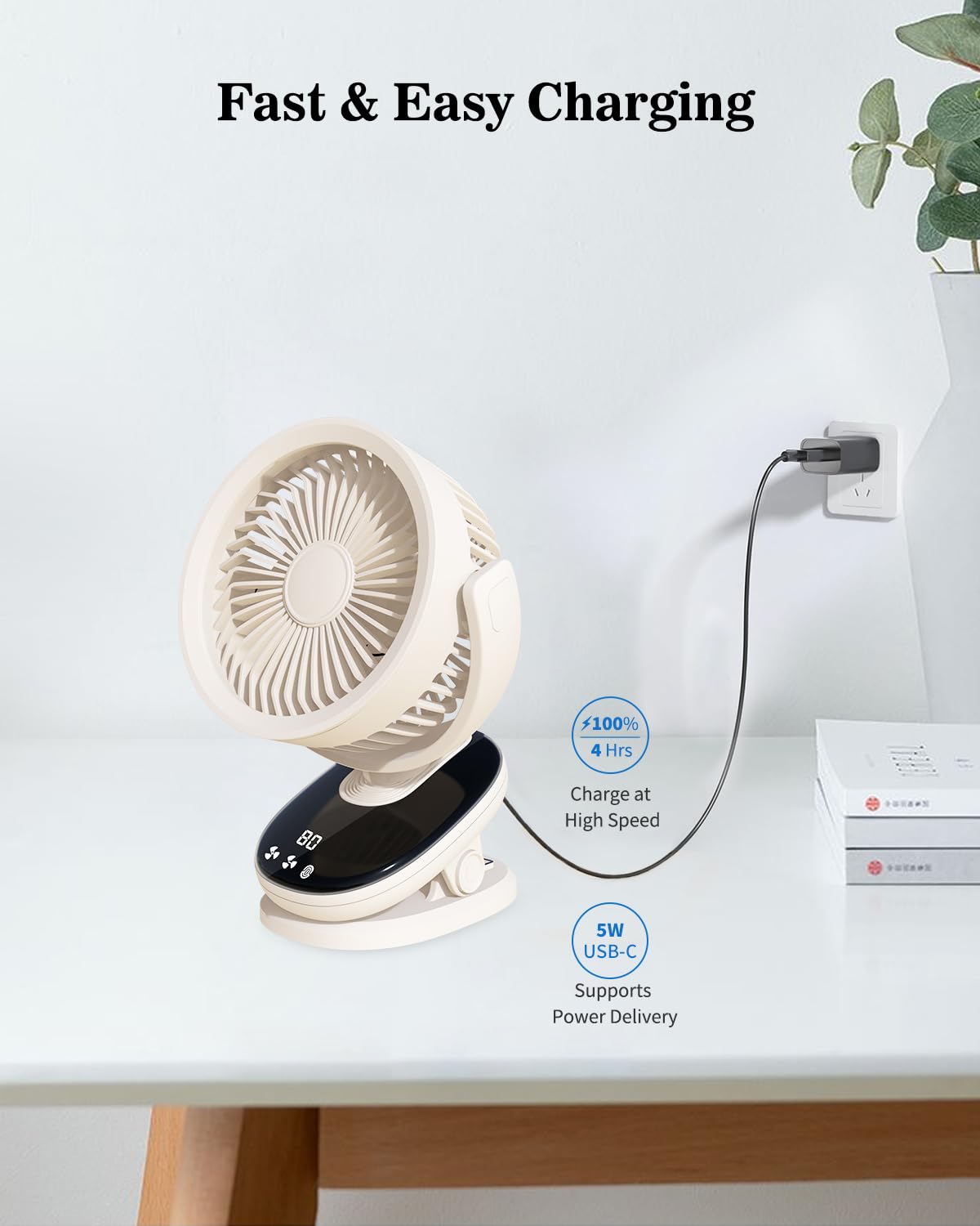 Duilog Portable Clip On Fan Rechargeable, 10 Speeds Usb Fan, 2400Mah Battery Operated Desk Fan, Strong Airflow Sturdy Clamp For