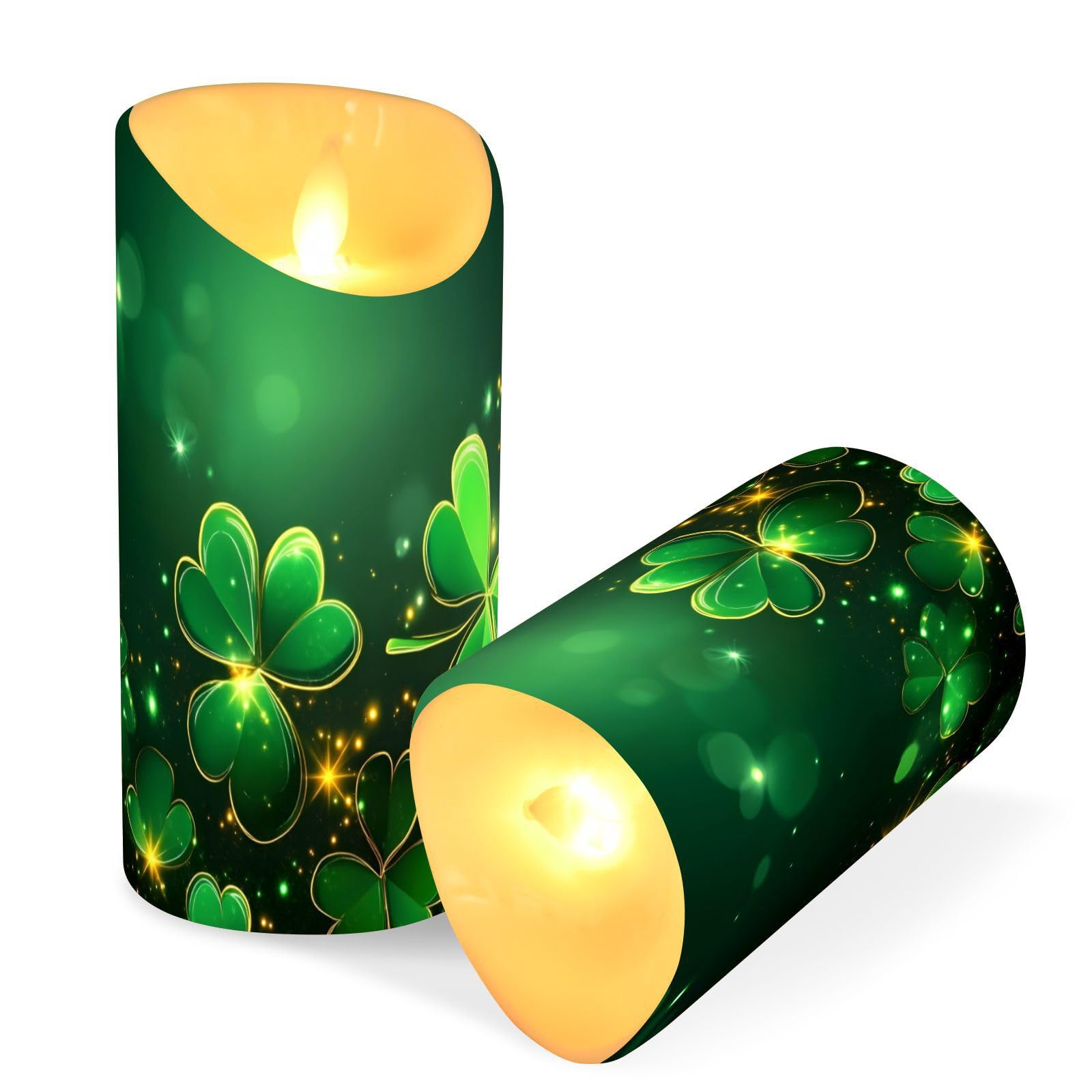 St. Patricks Day Flameless Candles Set of 2 Clover Pattern C Realistic LED Candles with Remote Battery Operated Holiday Decorat