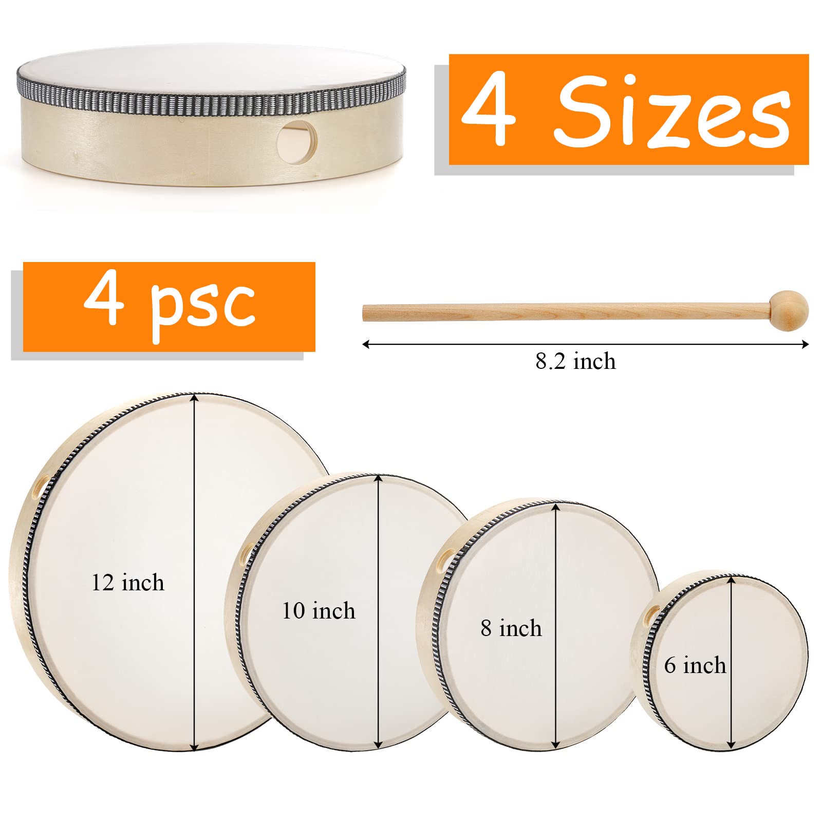 Foraineam 4 Pack Hand Drum 12 Inch 10 Inch 8 Inch 6 Inch Wood Drum Set Musical Educational Percussion Instrument Wooden Frame Dr