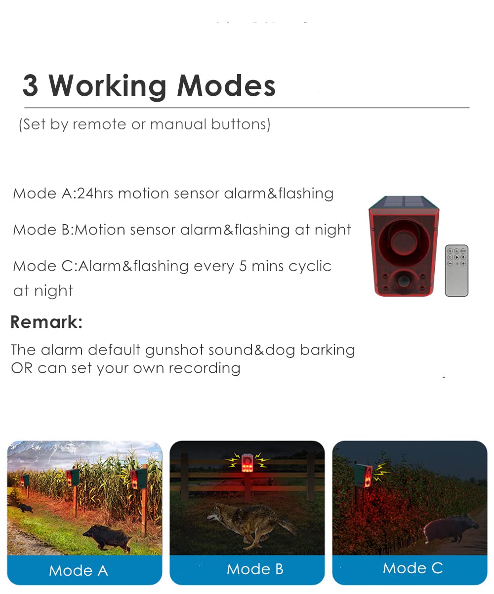 Hulppre Solar Outdoor Motion Sensor Alarm Dog Barking&Gunshot Sound,Support Recording&Volume,130Db Loud Noise Maker,3 Work Modes